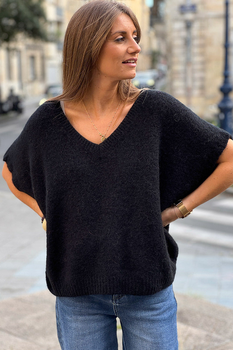 Pull sans manches large et moelleux noir en mohair col v côtelé