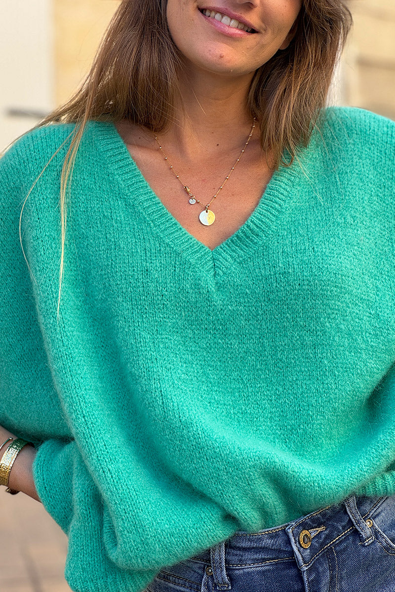 Pull sans manches large et moelleux vert menthe en mohair col v côtelé