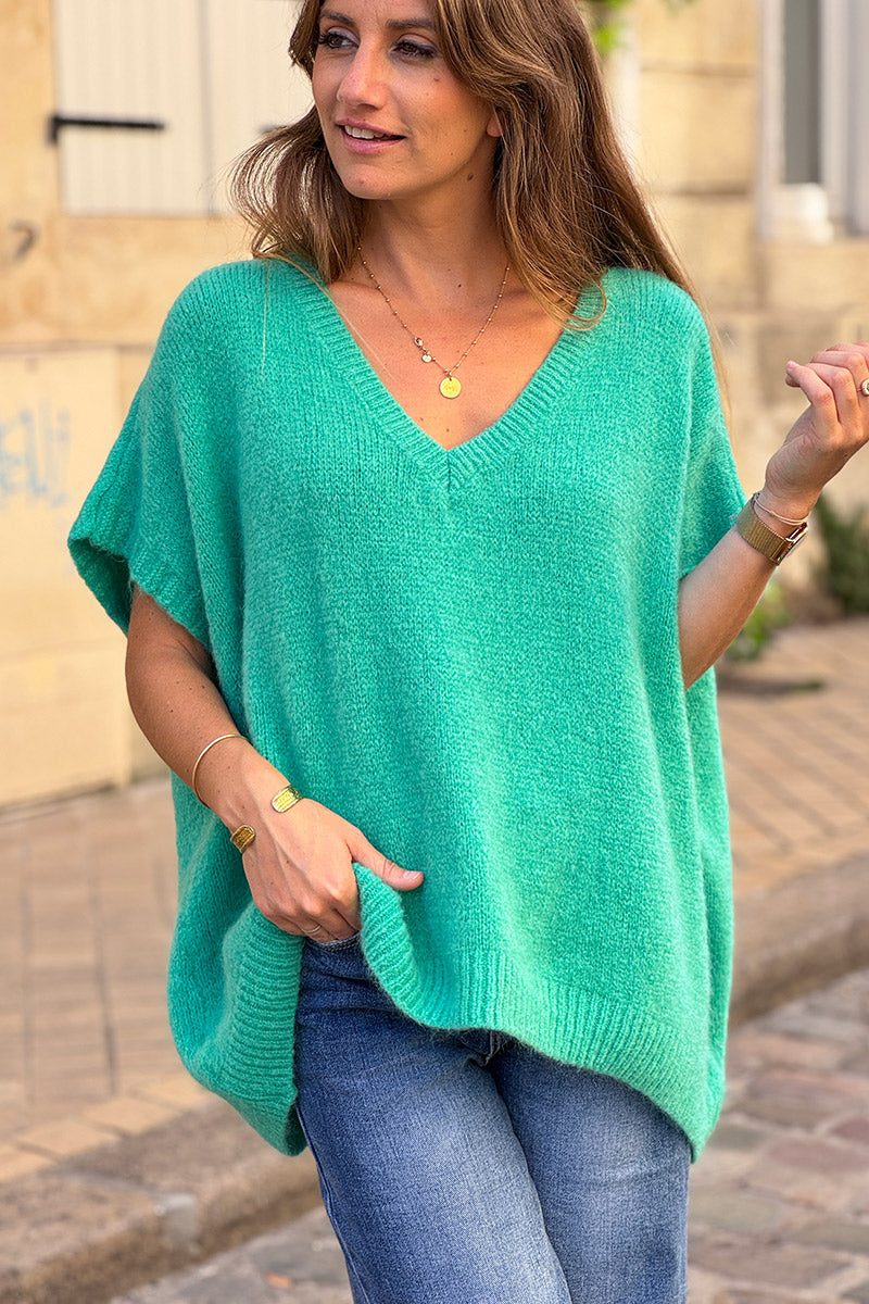 Pull sans manches large et moelleux vert menthe en mohair col v côtelé