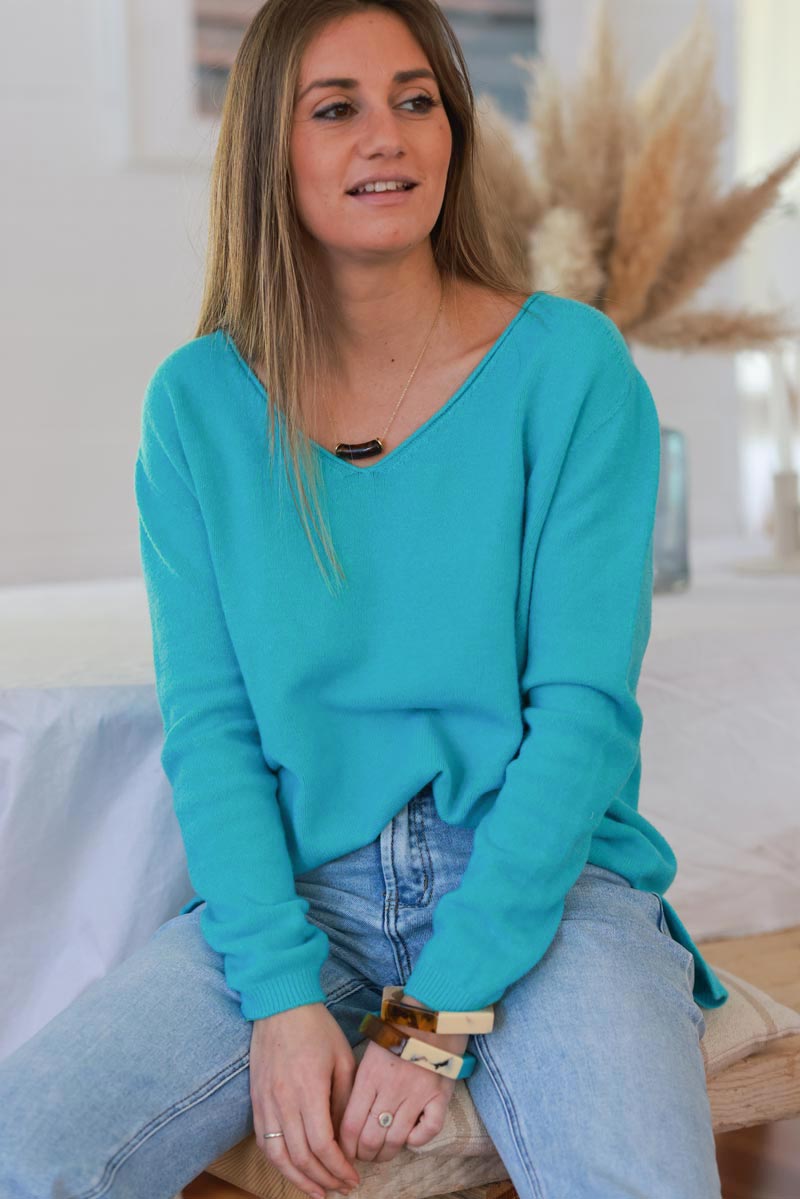 Turquoise Soft Basic V-neck Sweater