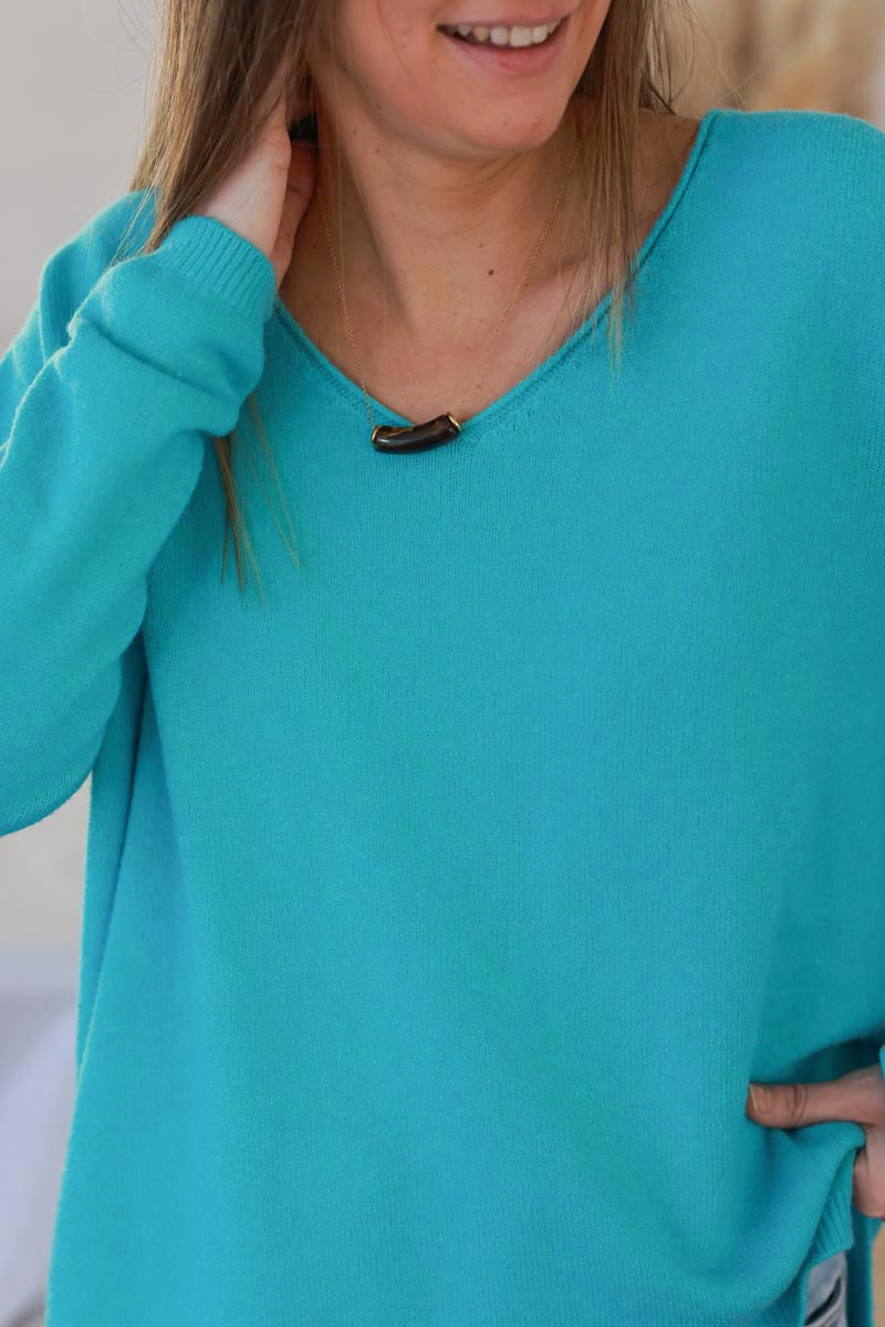 Turquoise Soft Basic V-neck Sweater