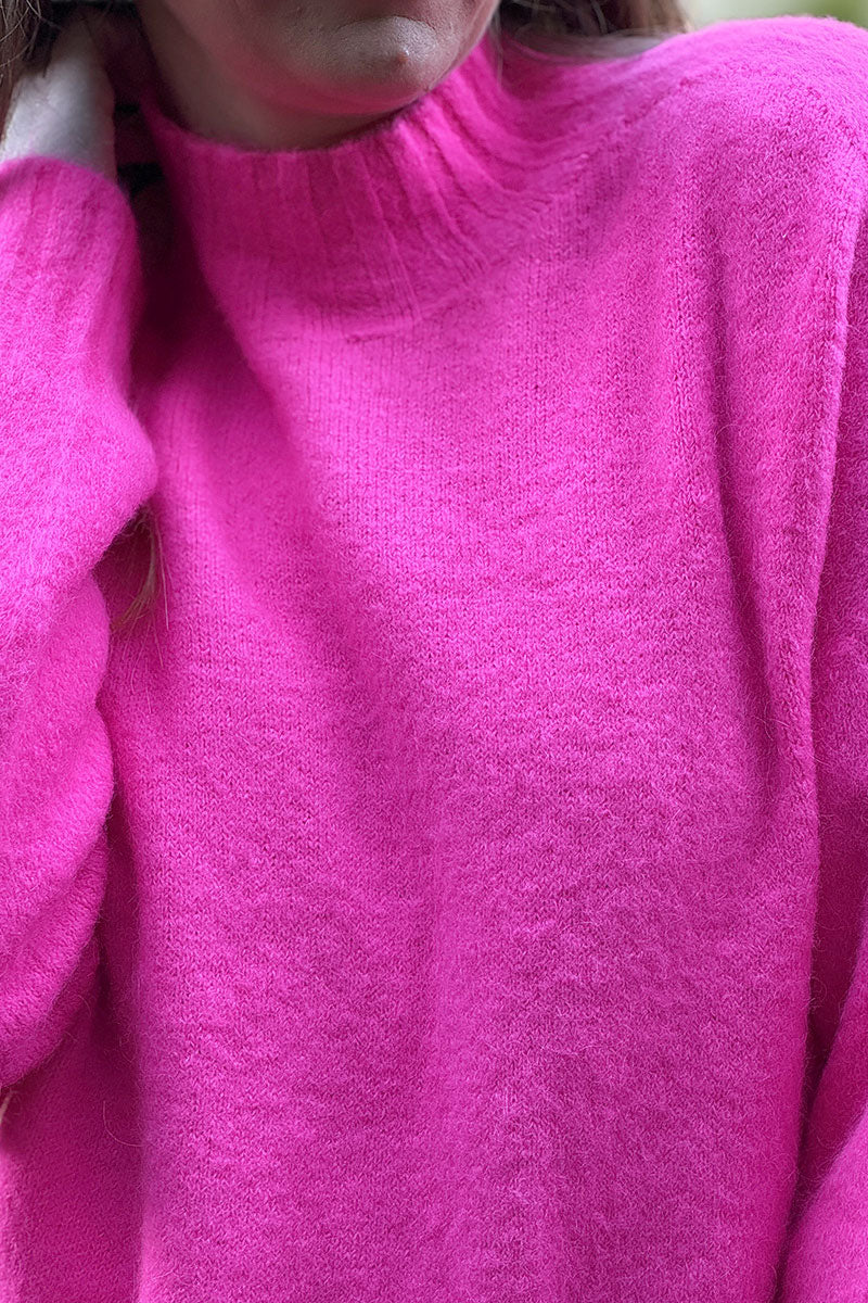 Fuchsia Pink Baby Alpaca Mock Neck Sweater