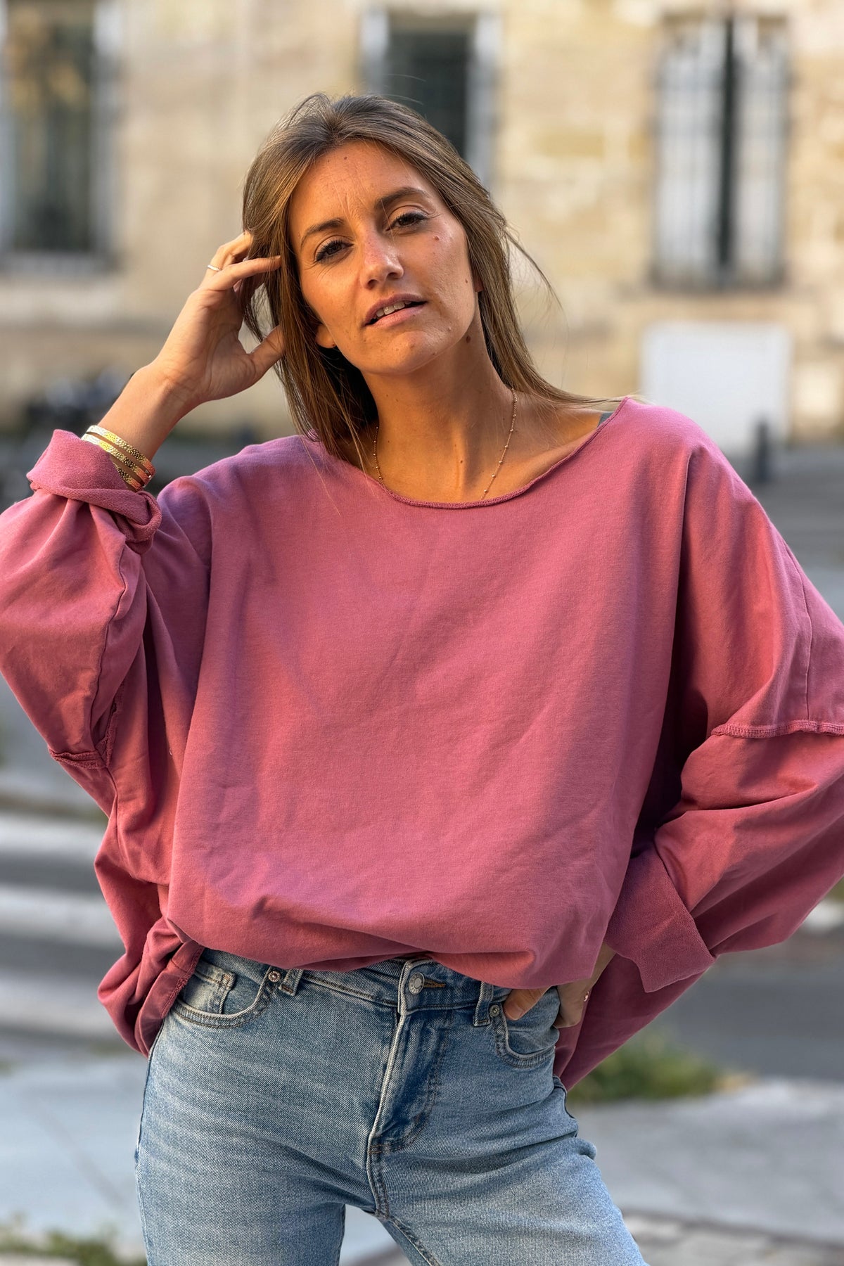 Pink Stretch Knit Long-Sleeve Slouchy Tshirt