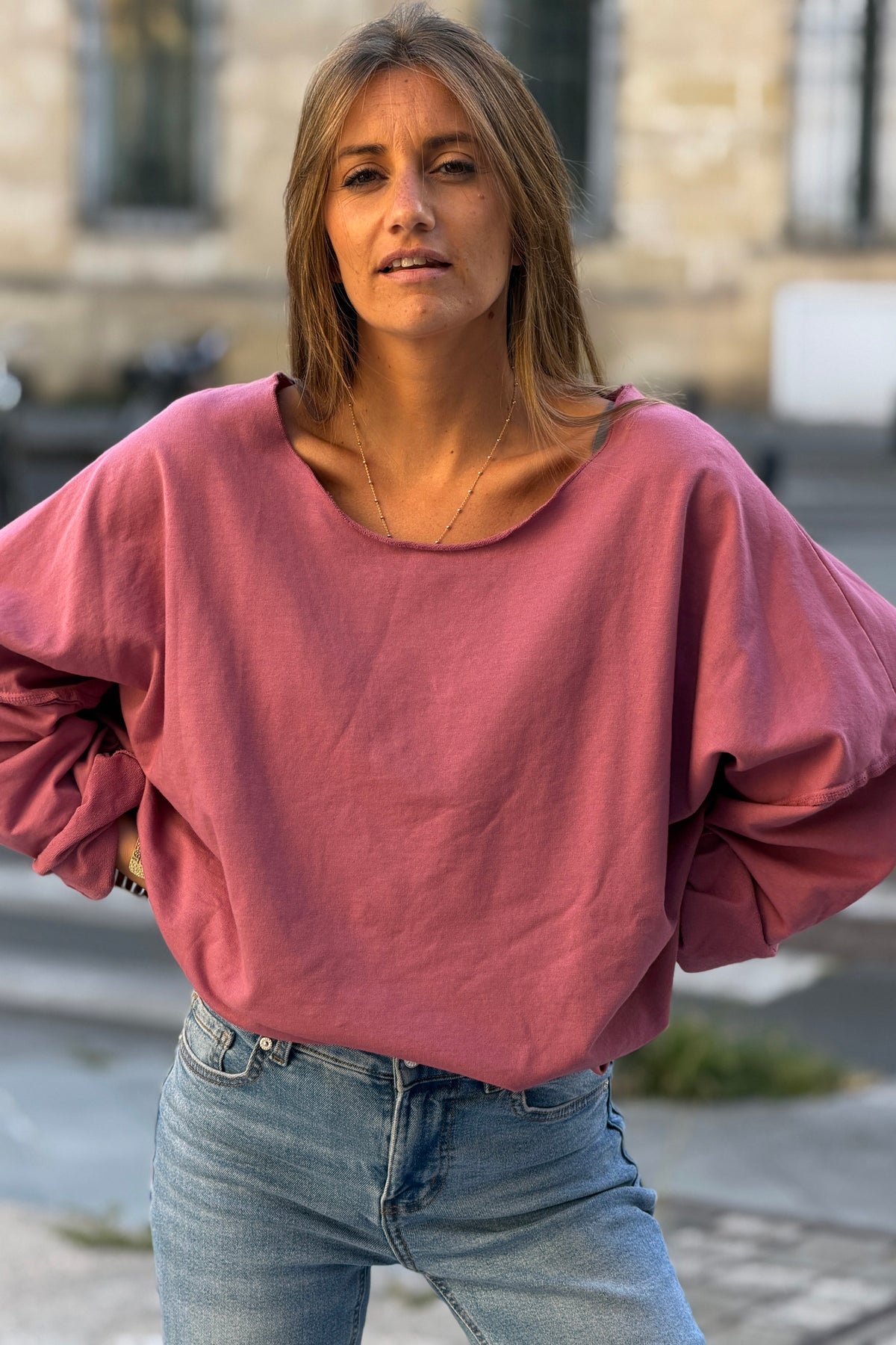 Pink Stretch Knit Long-Sleeve Slouchy Tshirt
