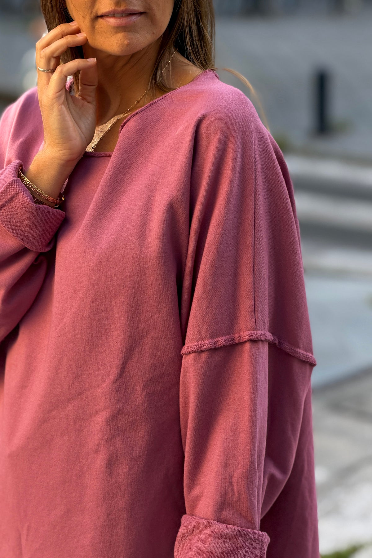 Pink Stretch Knit Long-Sleeve Slouchy Tshirt