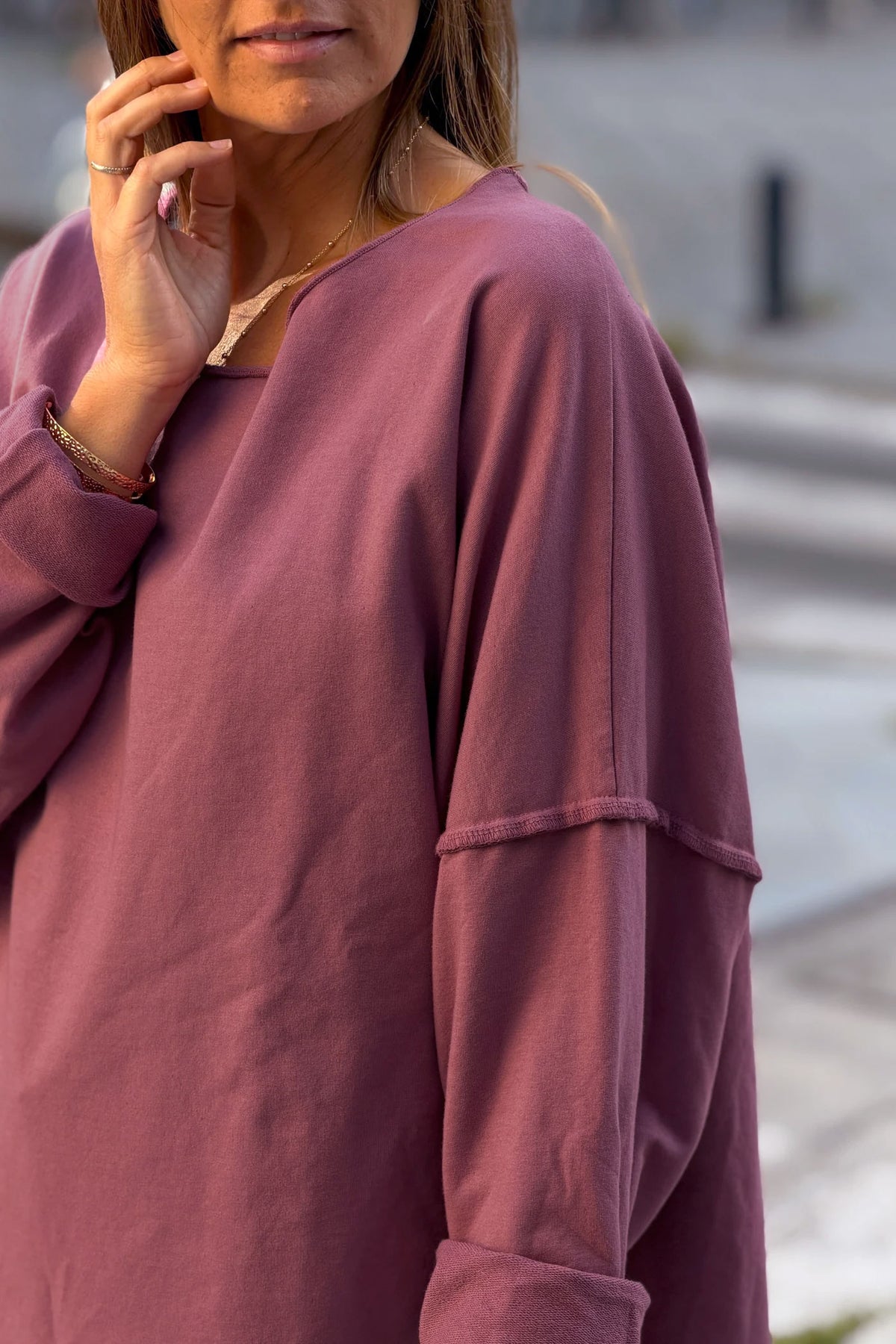 Pink Stretch Knit Long-Sleeve Slouchy Tshirt
