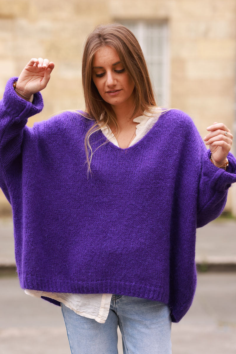 Purple mottled Woollen v-neck Sweater with Batwing sleeves