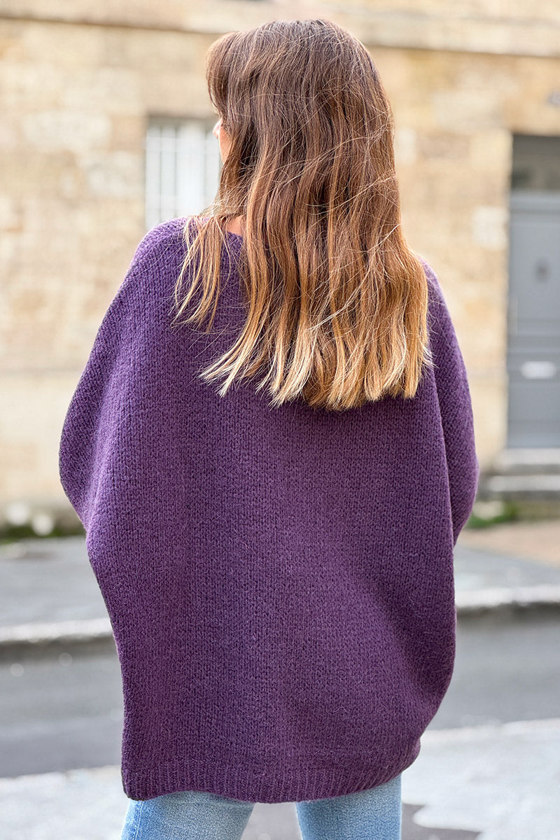 Grape Woollen V-neck Sweater with Batwing sleeves
