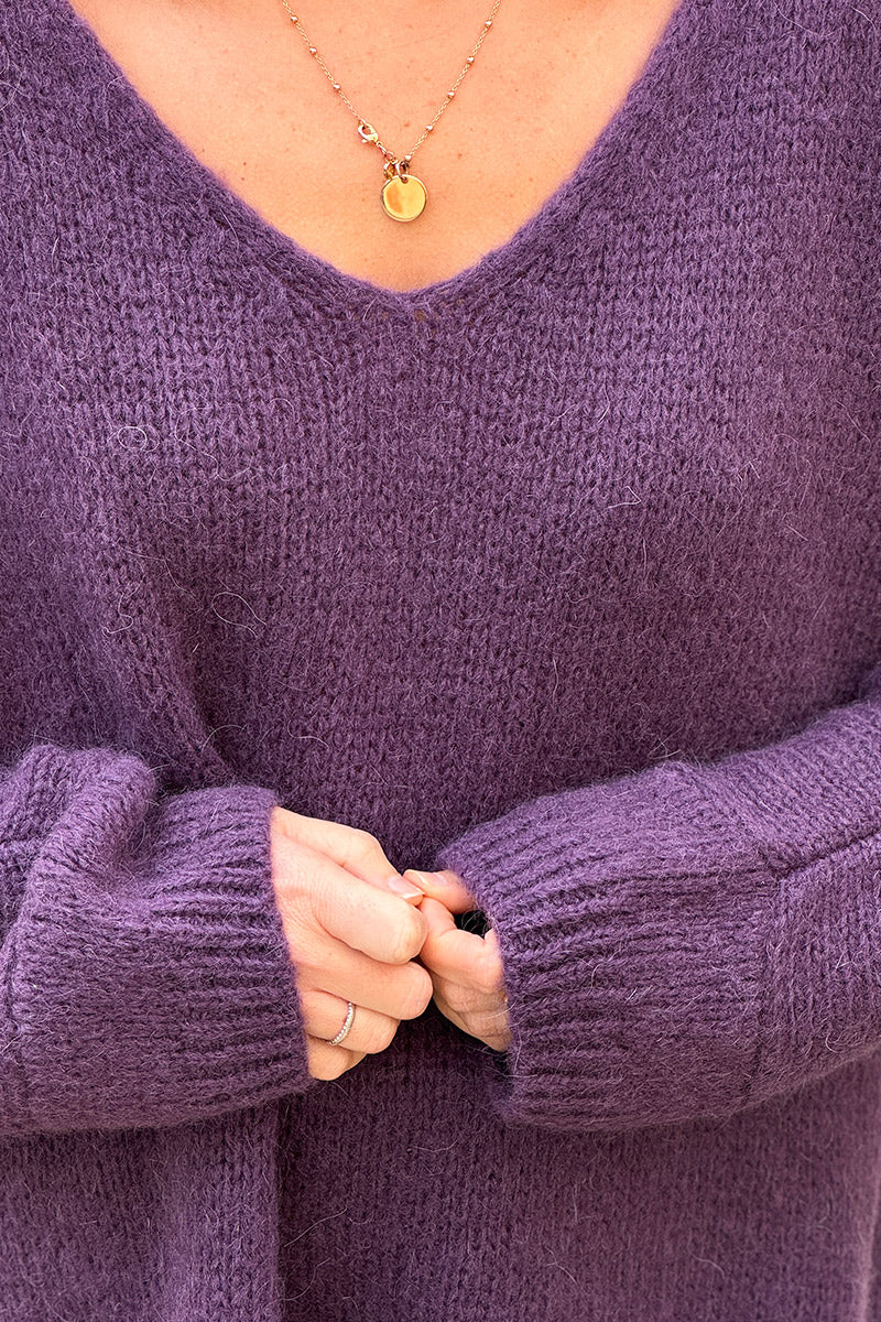 Grape Woollen V-neck Sweater with Batwing sleeves