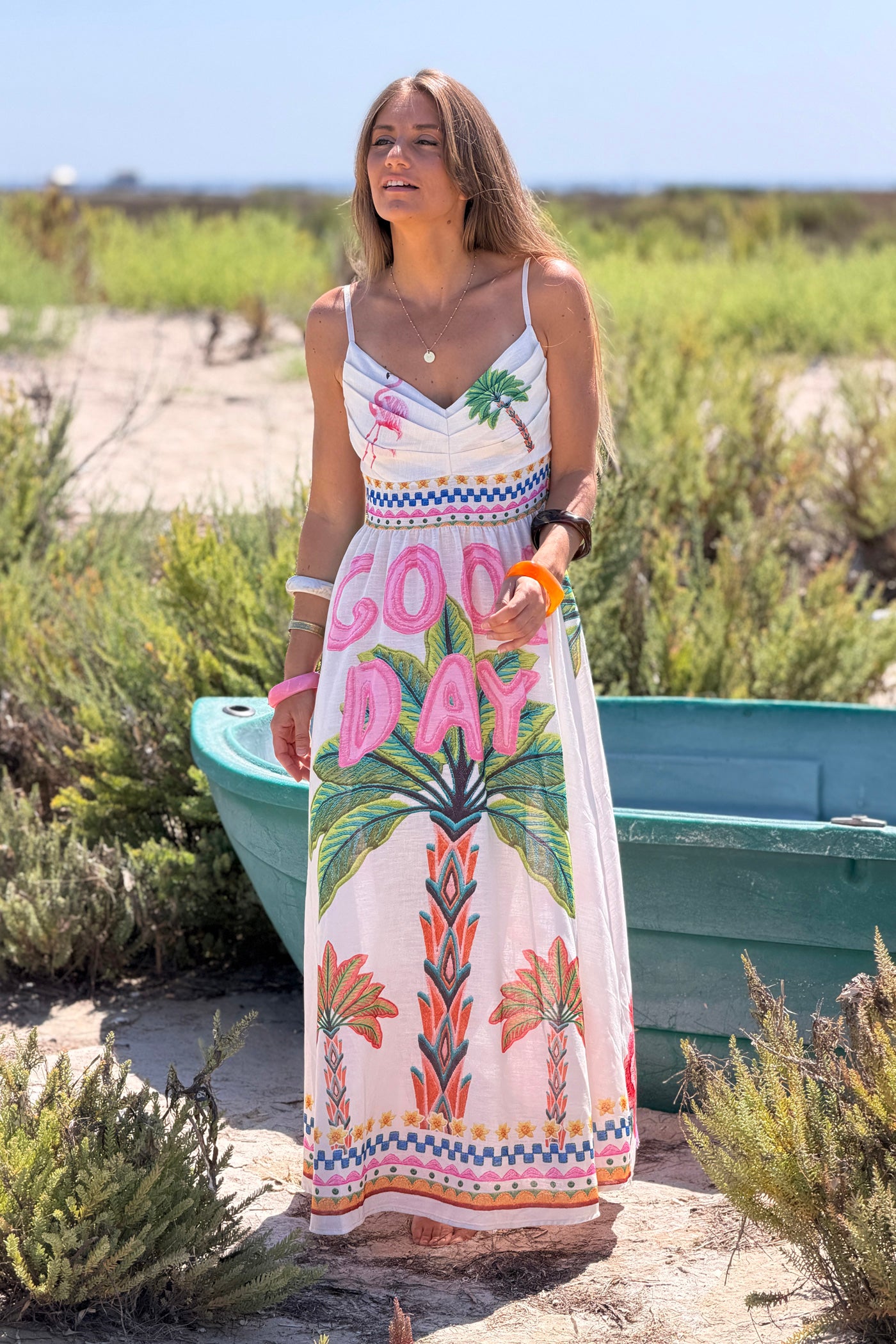 Robe à bretelles imprimé flamant rose et palmiers