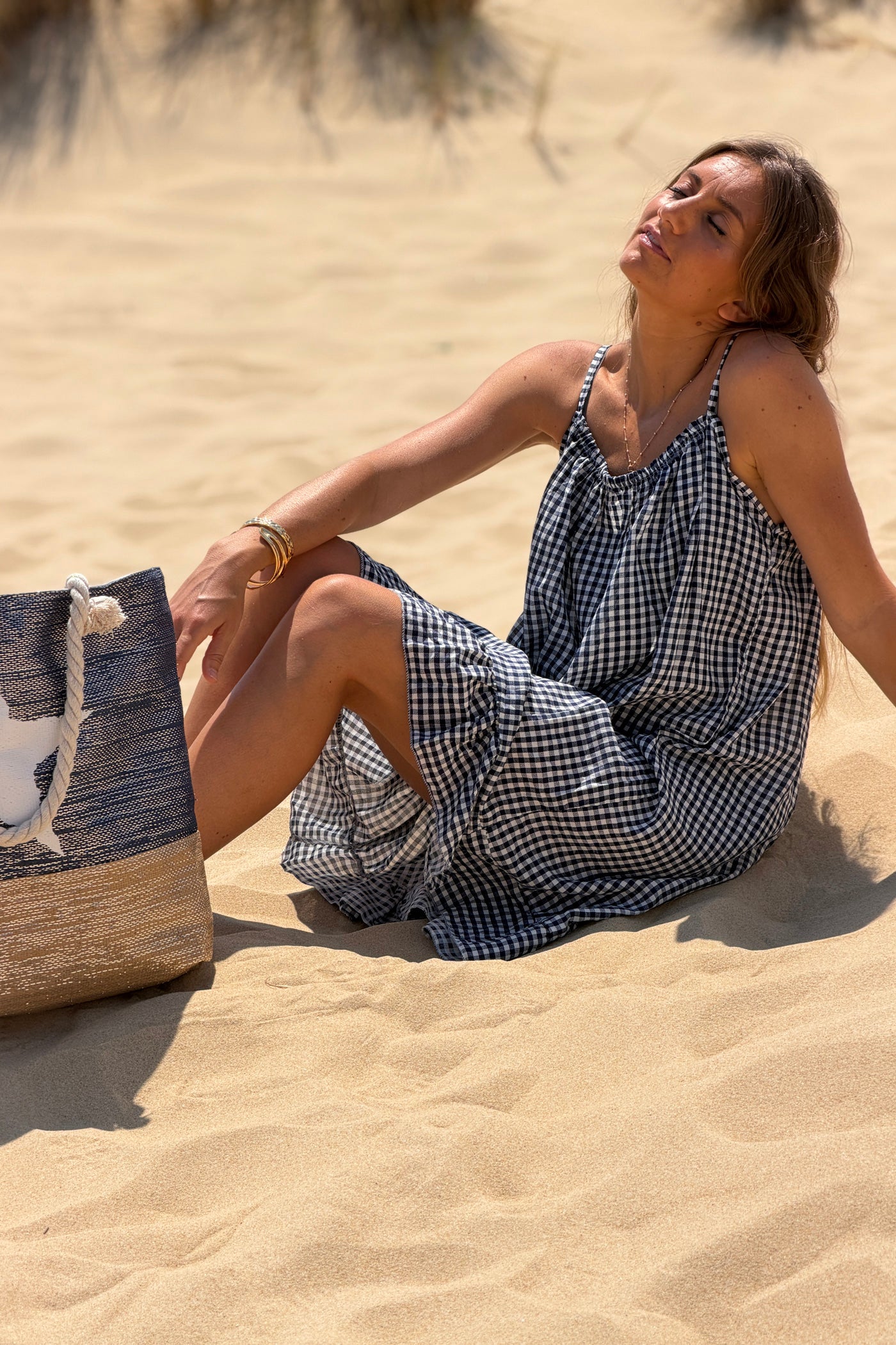 Navy Strappy Gingham Sun Dress