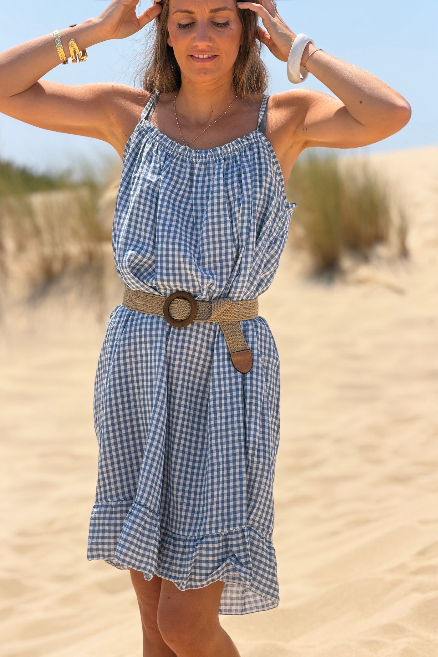 Blue Strappy Gingham Sun Dress
