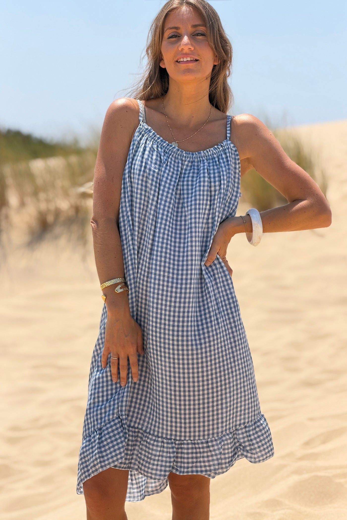Blue Strappy Gingham Sun Dress
