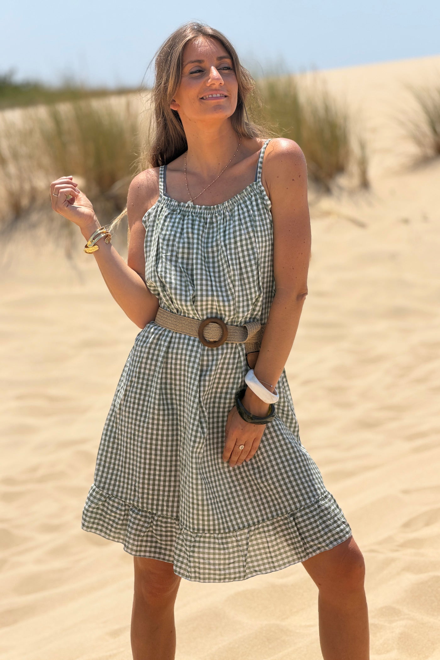 Olive Strappy Gingham Sun Dress