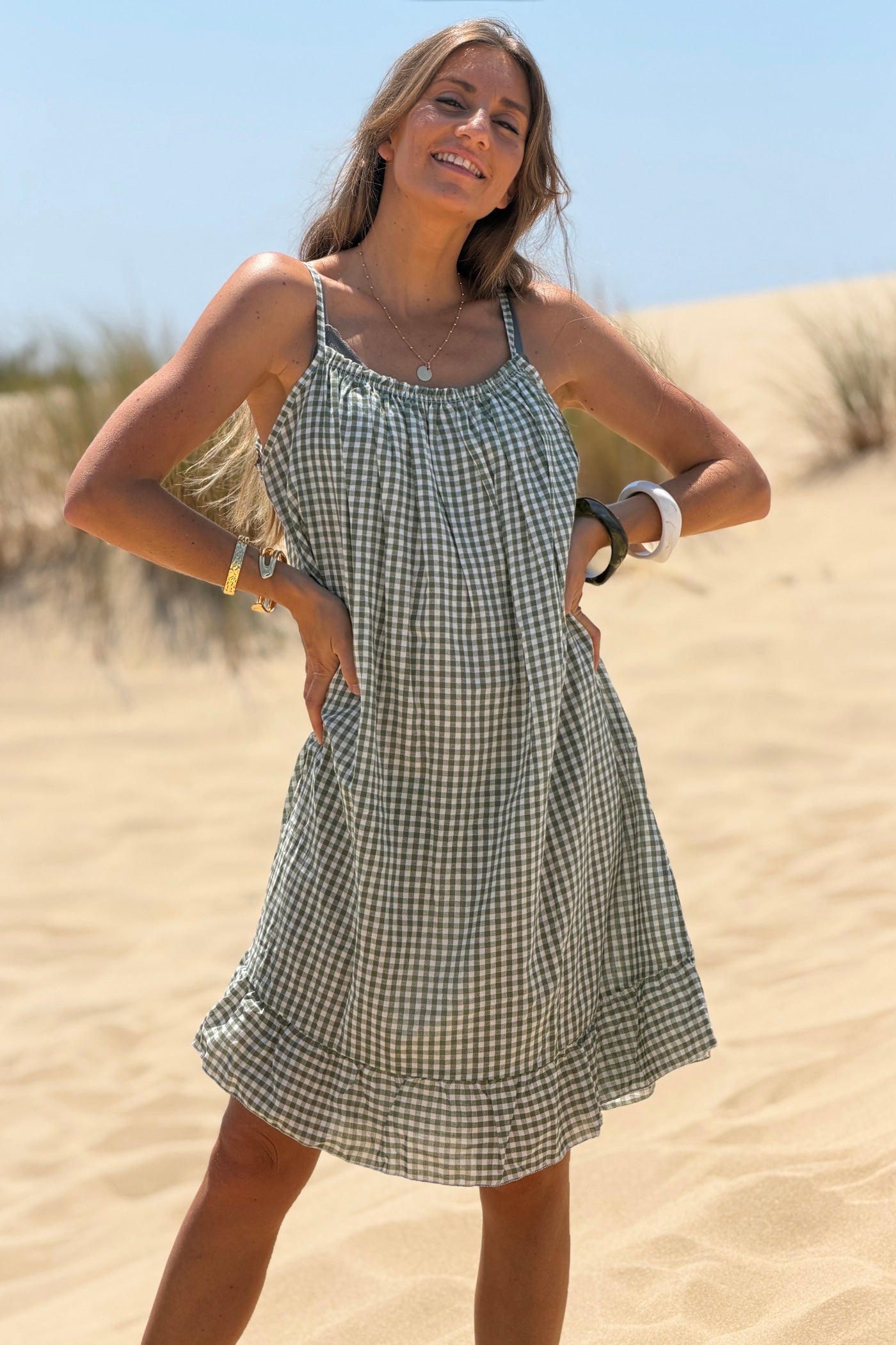 Olive Strappy Gingham Sun Dress