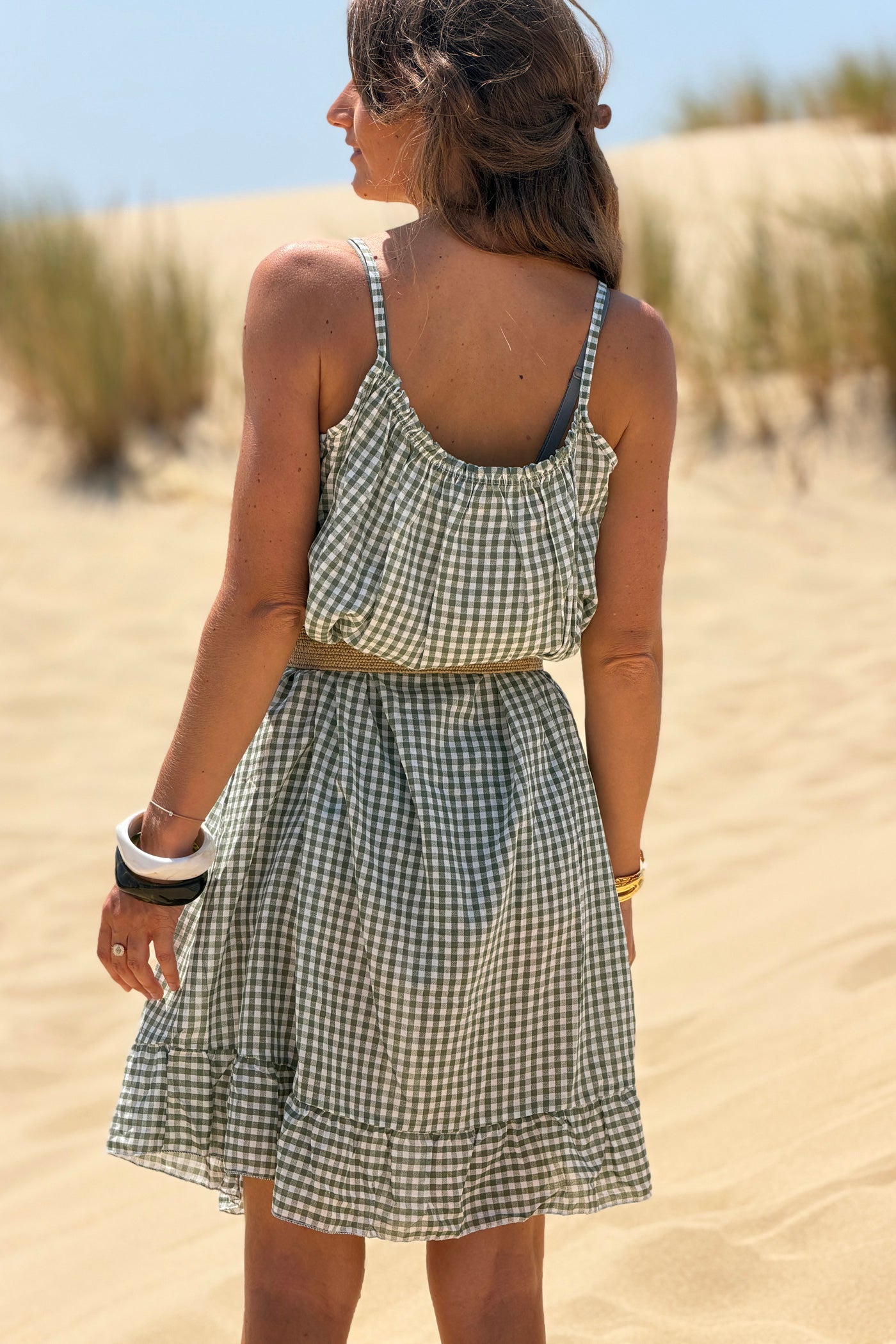 Olive Strappy Gingham Sun Dress