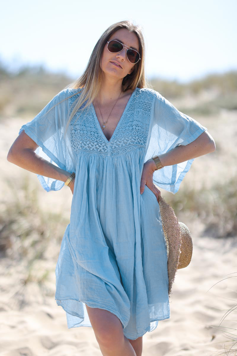Sky blue Floaty Cotton Dress with Lace Top