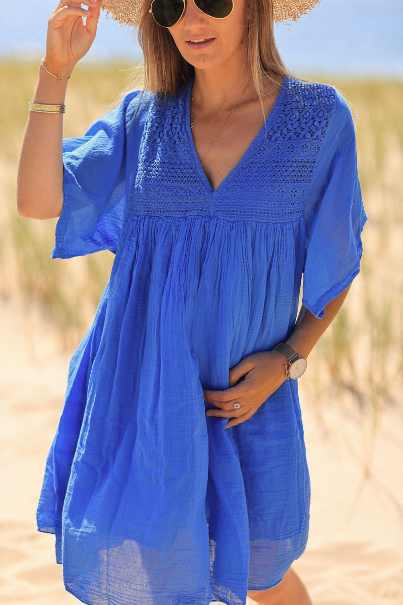 Royal Blue Floaty Cotton Dress with Lace Top