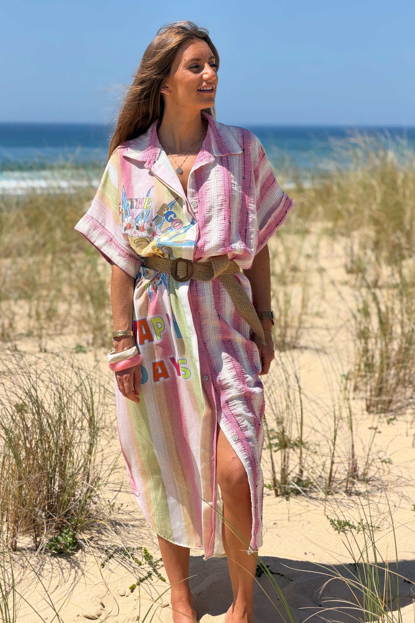 Robe chemise à boutons motif soleil Happy days coloré rayures rose texturées