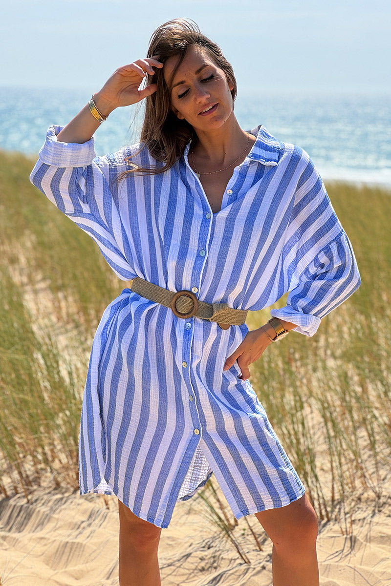 Robe chemise blanche en gaze de coton rayures bleu