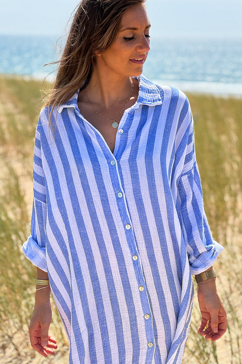 Robe chemise blanche en gaze de coton rayures bleu