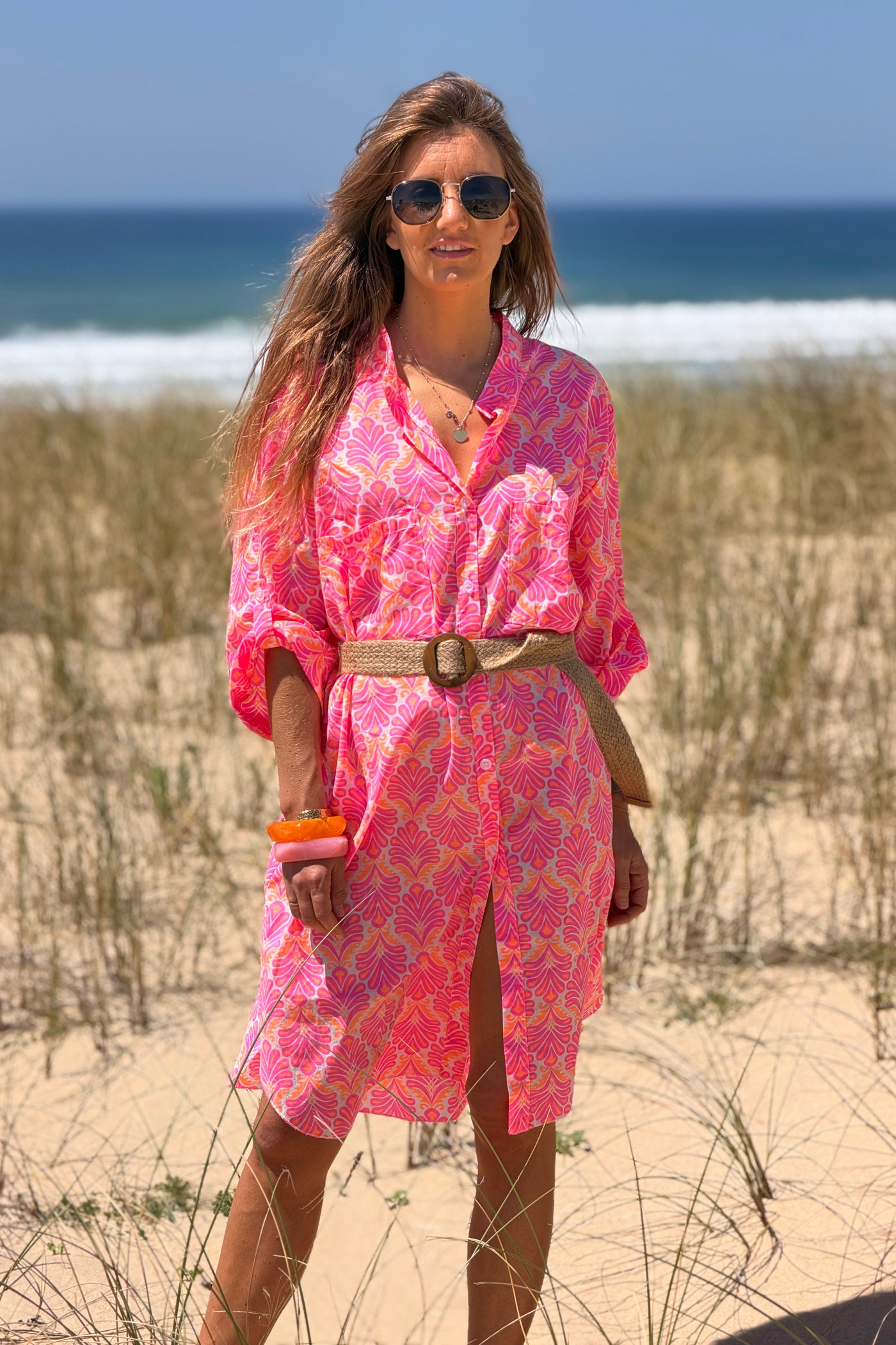 Pink Tropical Flourish Shirt Dress