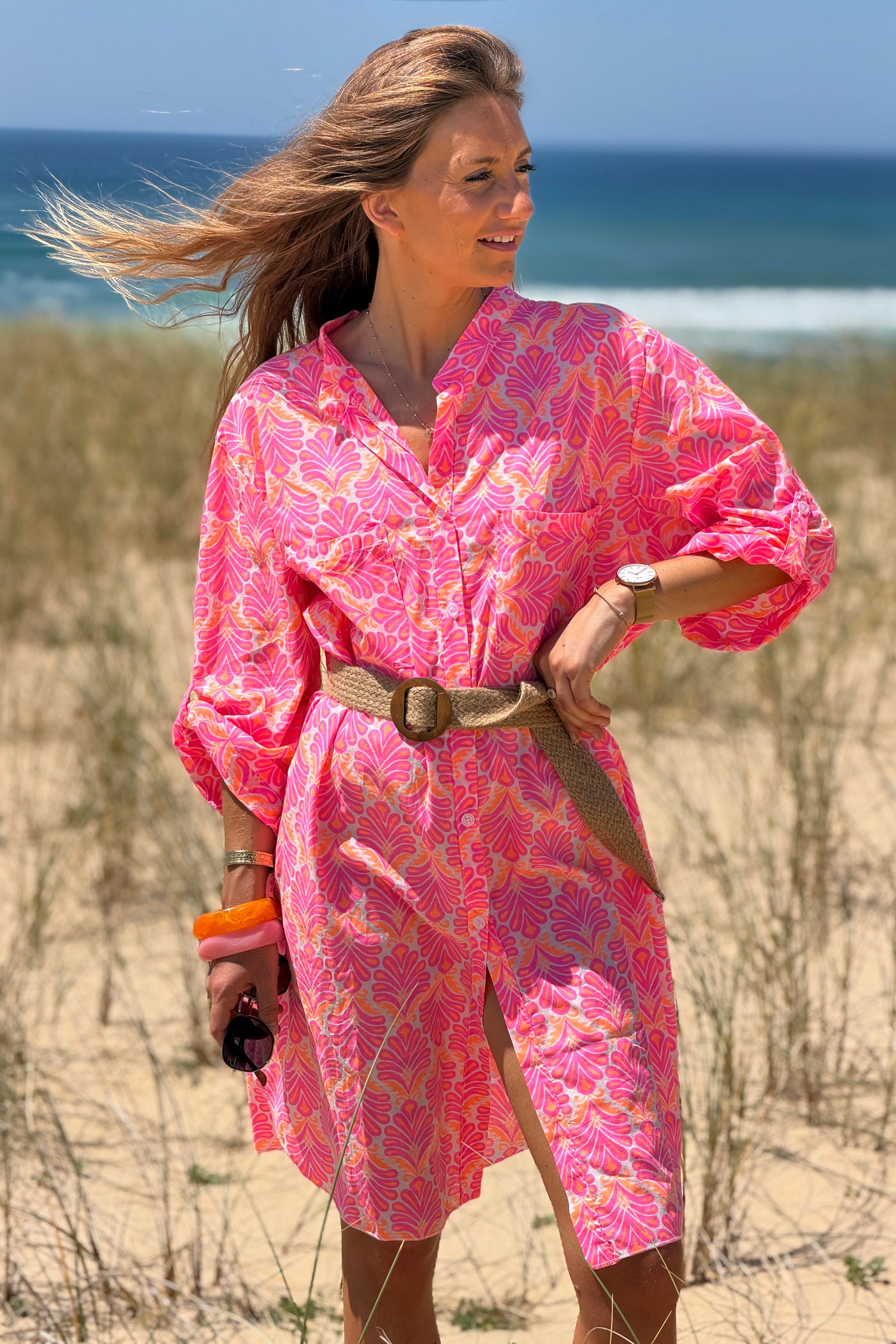 Pink Tropical Flourish Shirt Dress