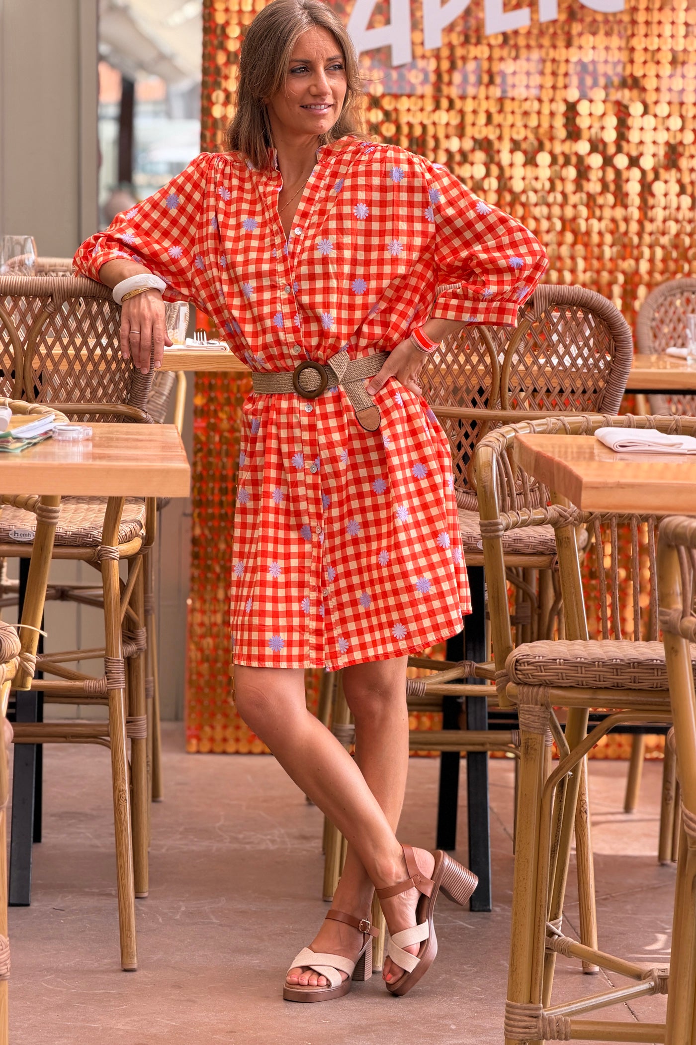 Red Plaid and Floral Button-Down Tunic
