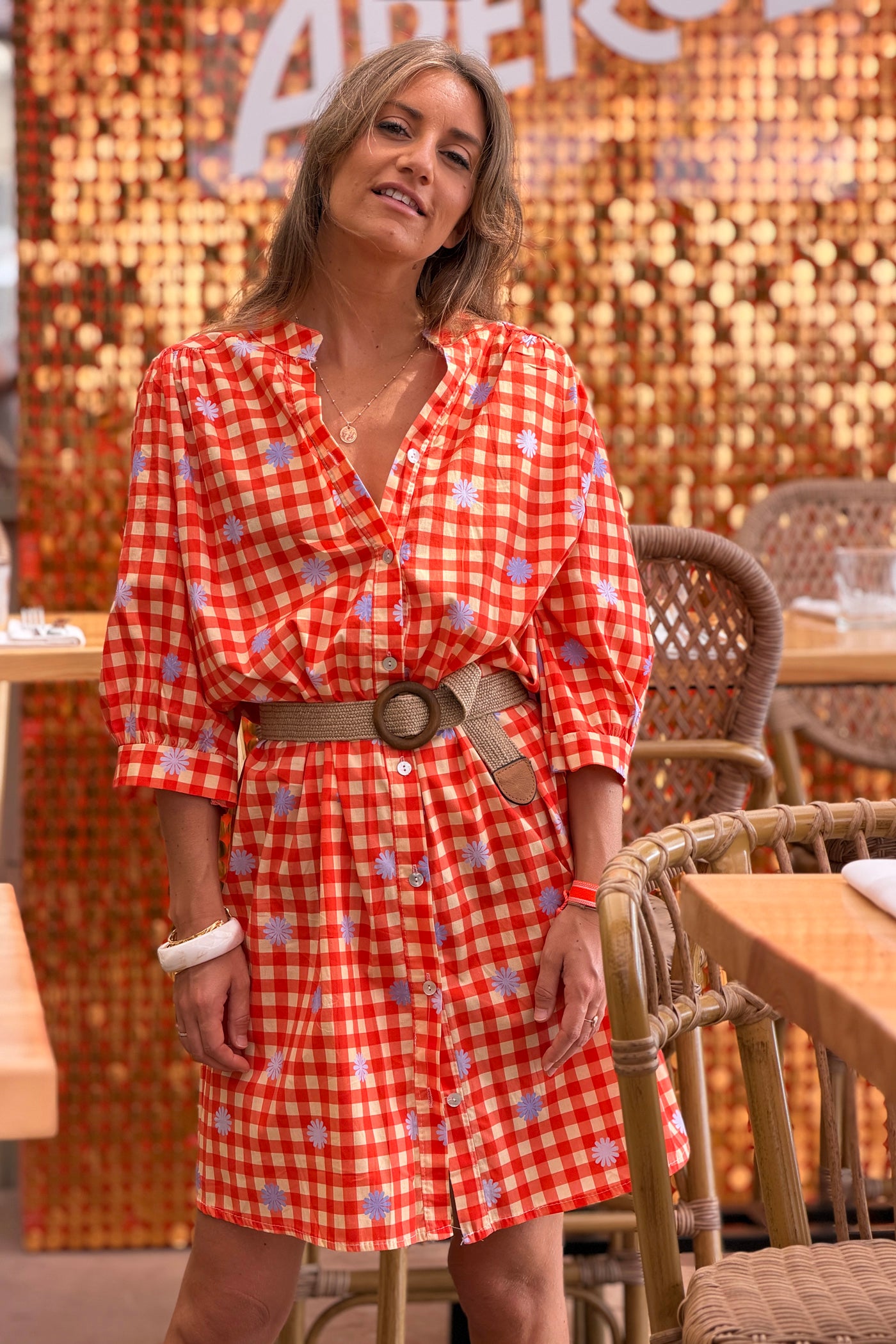 Red Plaid and Floral Button-Down Tunic

