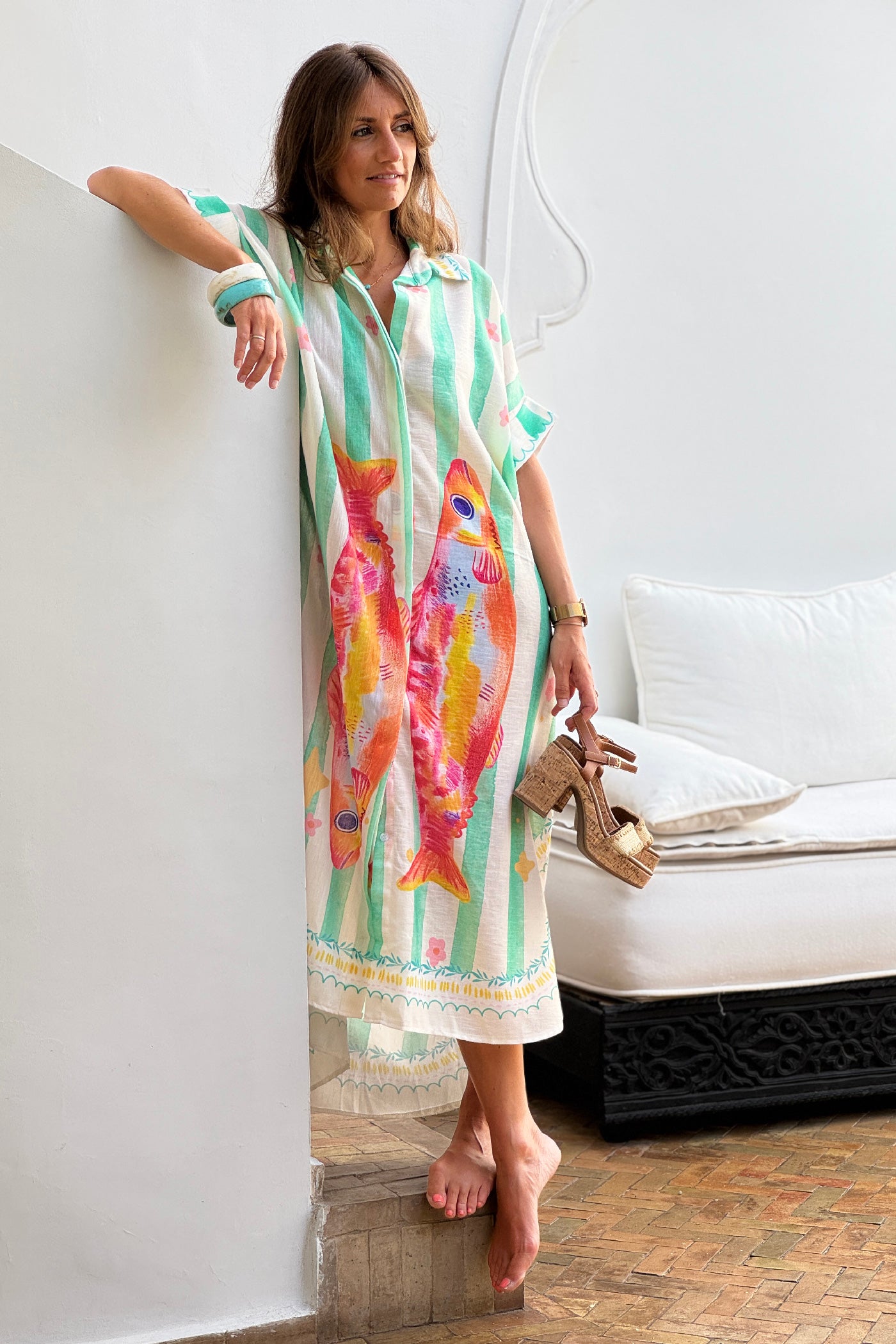 Robe chemise longue et large imprimé sardines et rayures vert d'eau