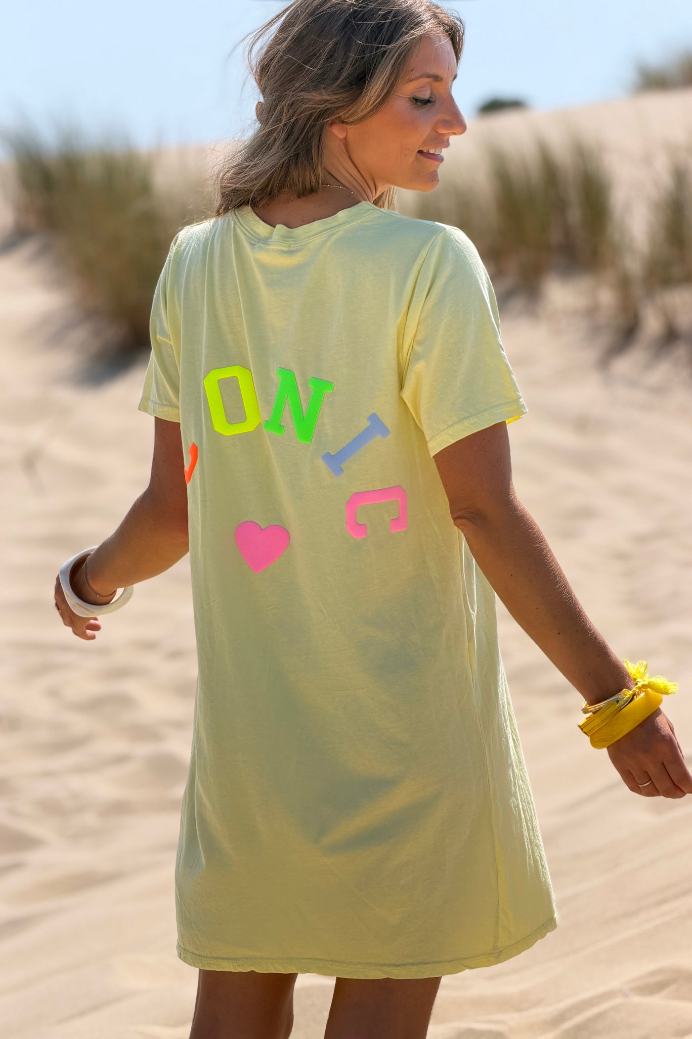 Robe courte jaune en coton sérigraphie puff Iconic multicolore