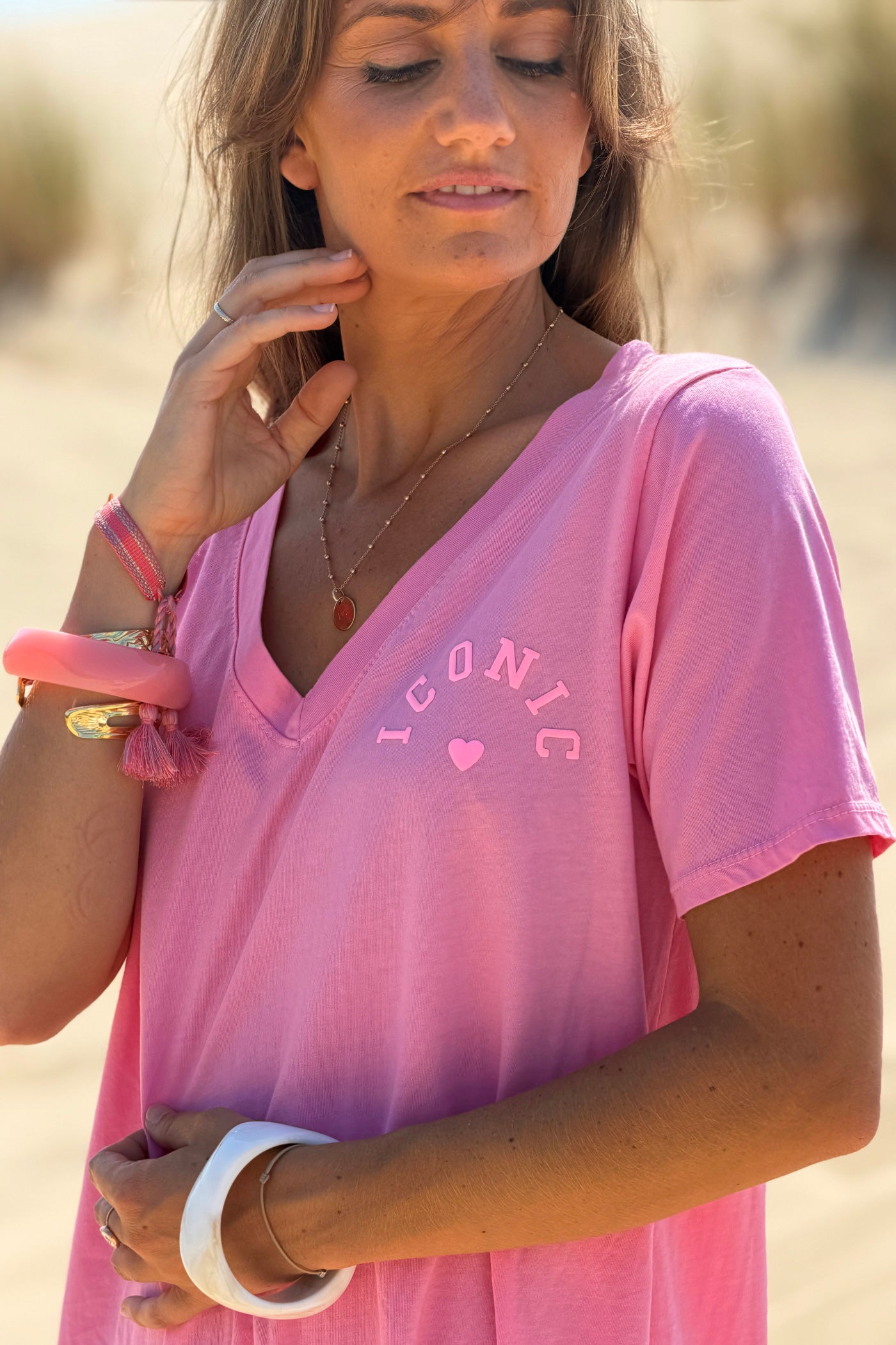 Robe courte rose en coton sérigraphie puff Iconic multicolore