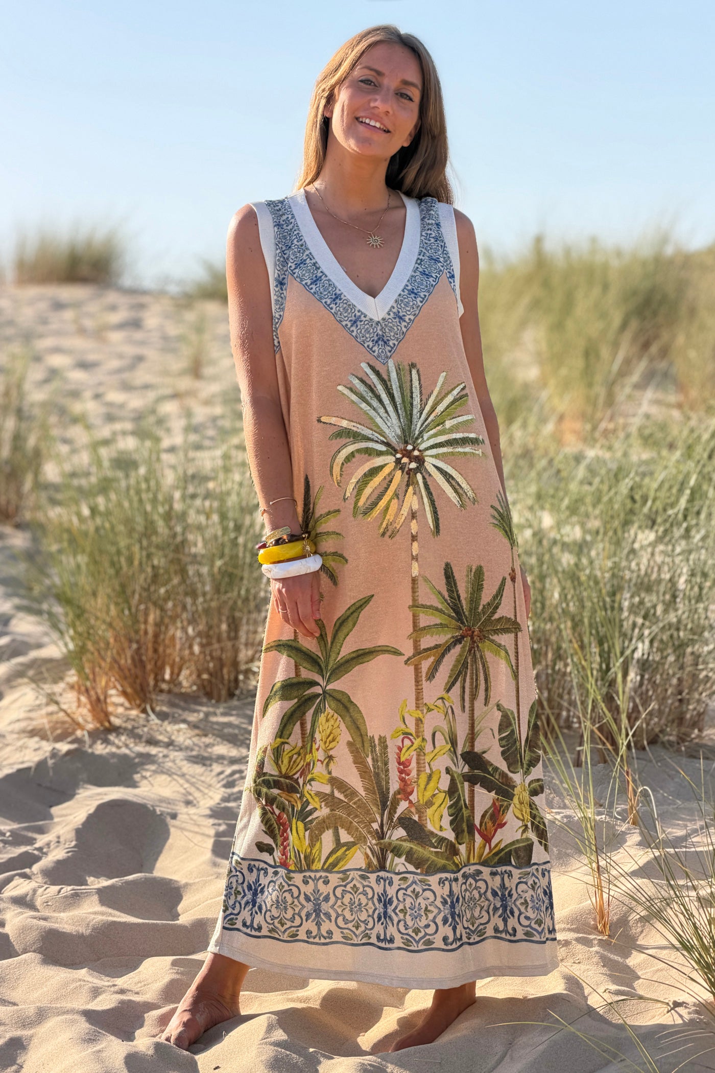 Beige Potted Palms Glitter Knit Maxi
