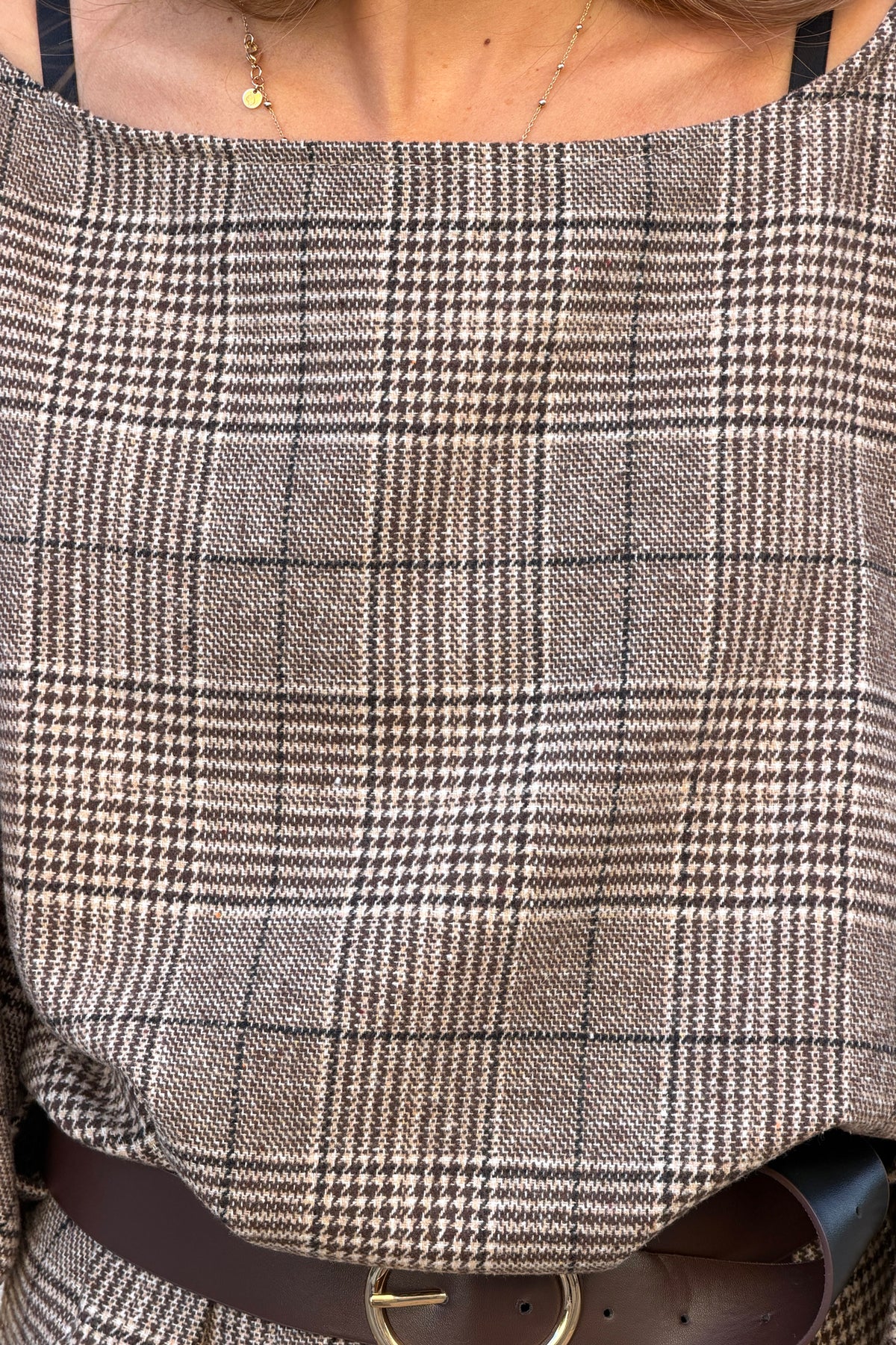 Brown Houndstooth Dolman Sleeve Dress with Belt
