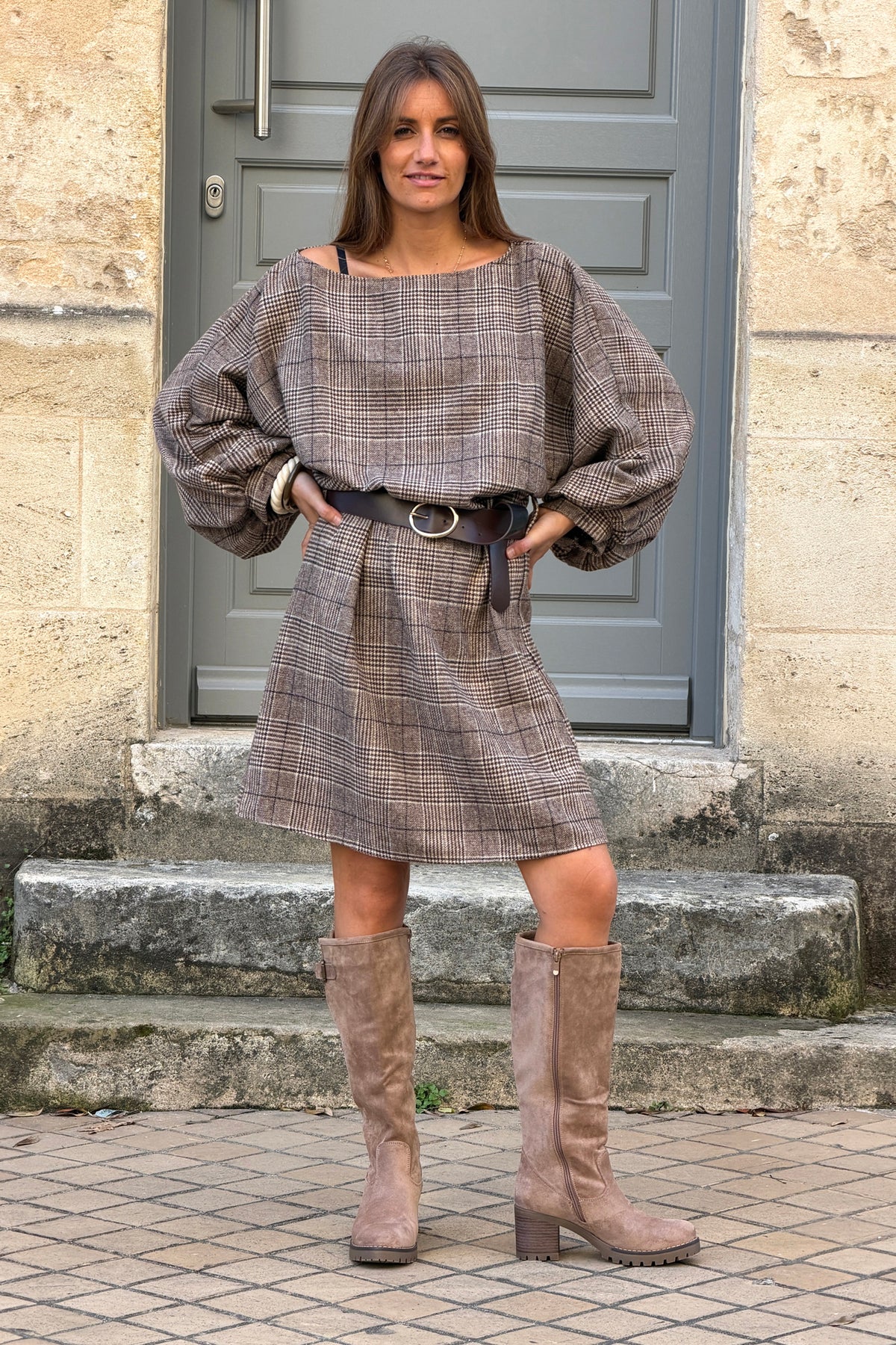Brown Houndstooth Dolman Sleeve Dress with Belt
