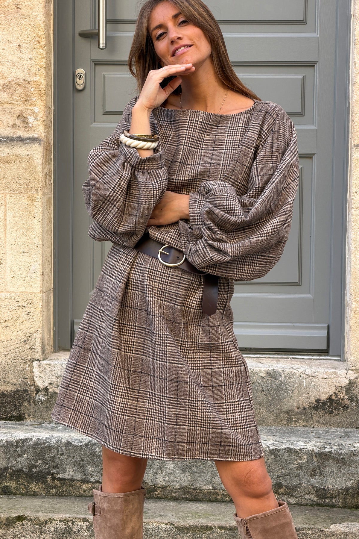 Brown Houndstooth Dolman Sleeve Dress with Belt
