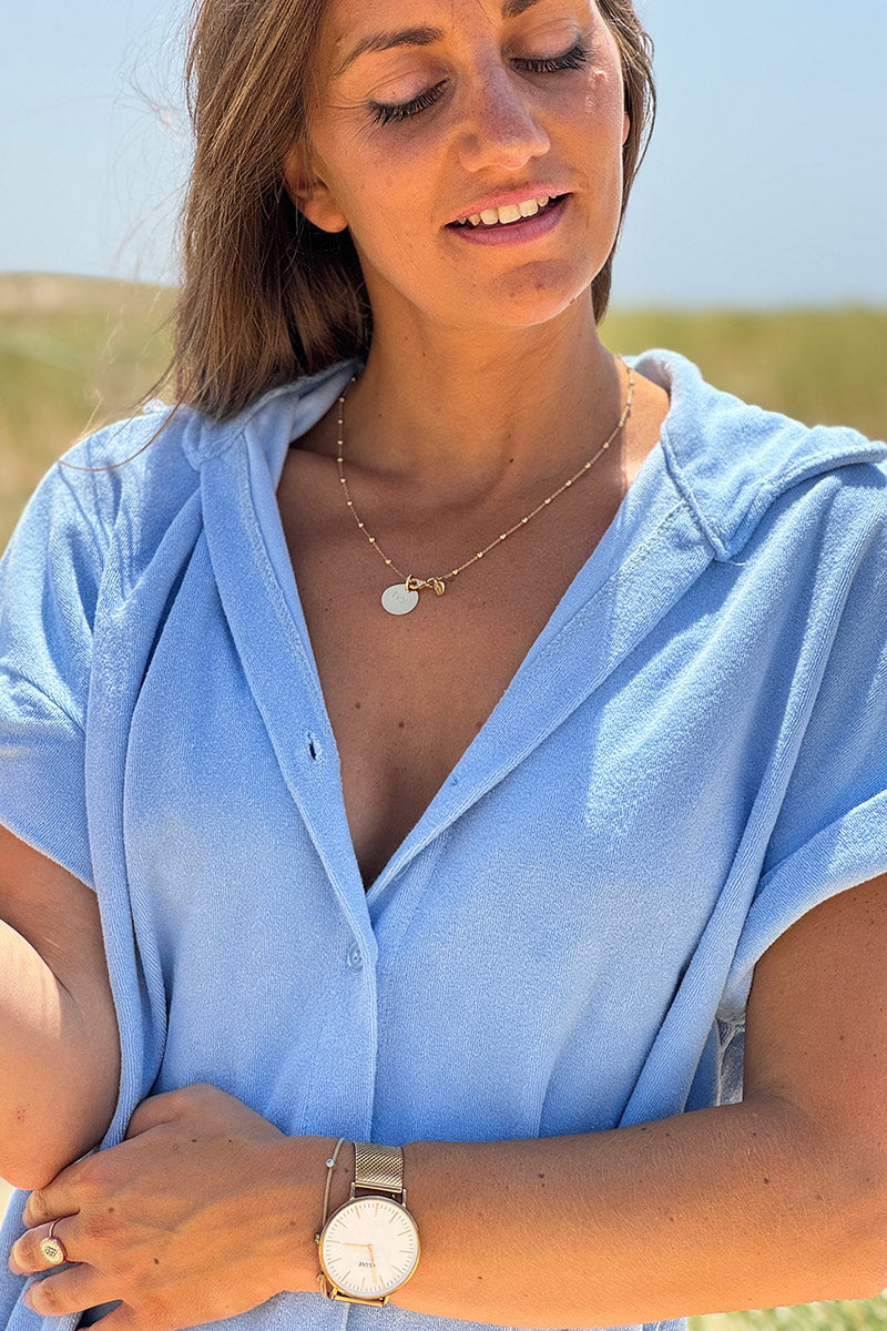 Robe eponge bleu ciel col chemise et boutonnée