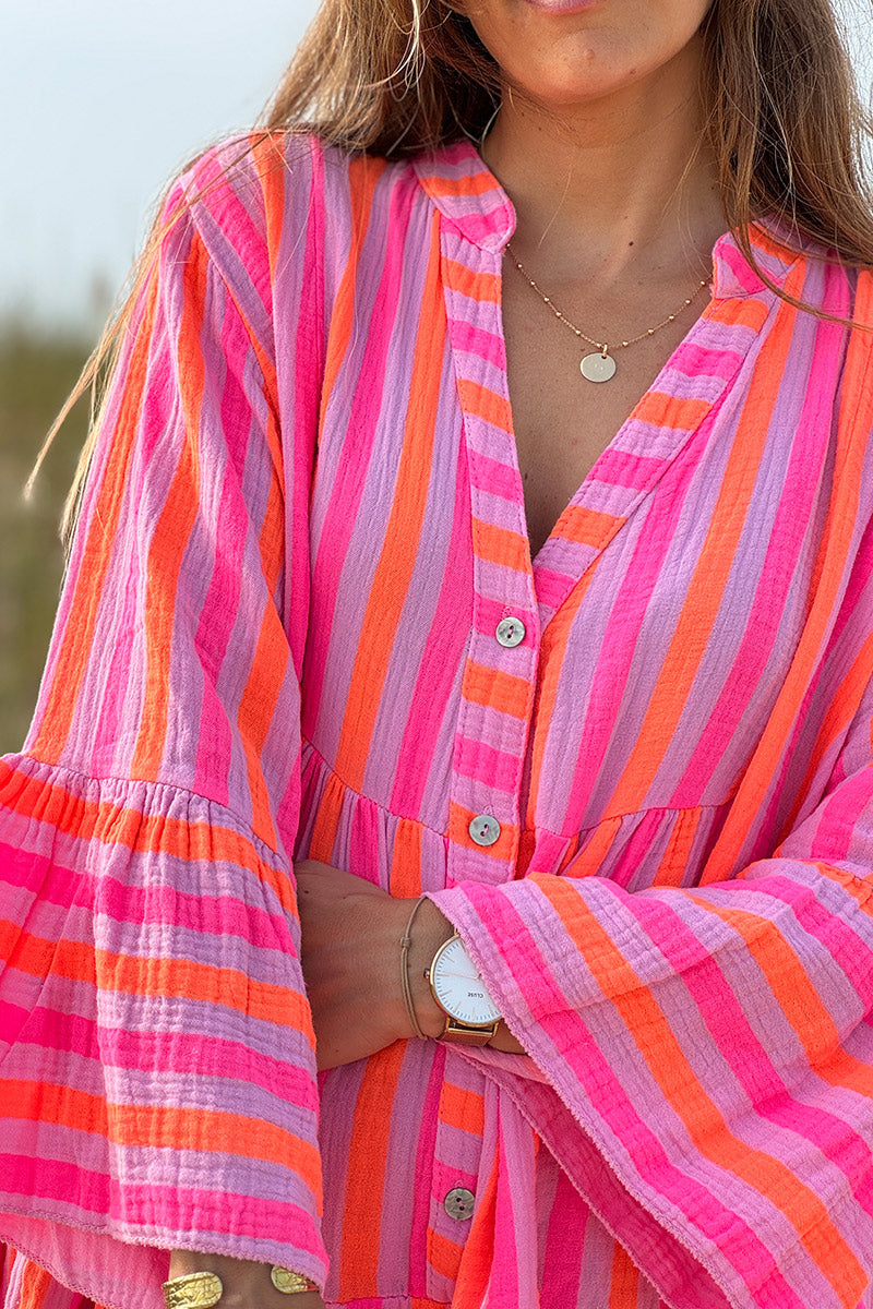 Vestido de gasa de algodón con volantes en rayas rosas y naranja neón