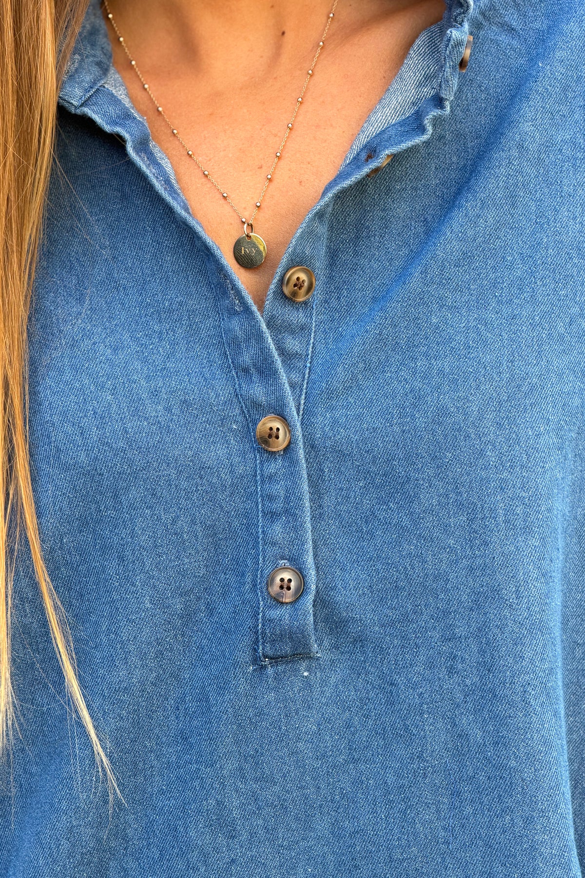 Blue Jean Chambray Ruffled Collar Denim Dress