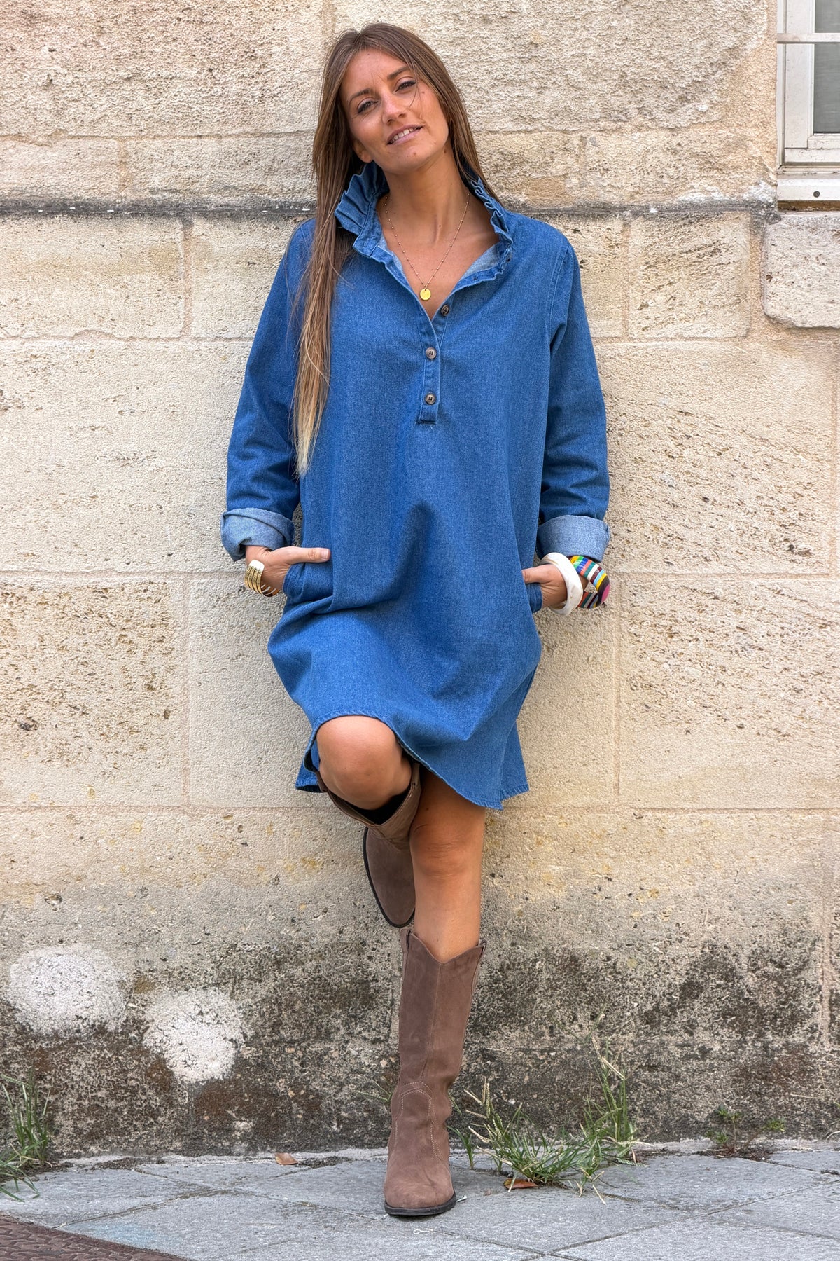Blue Jean Chambray Ruffled Collar Denim Dress