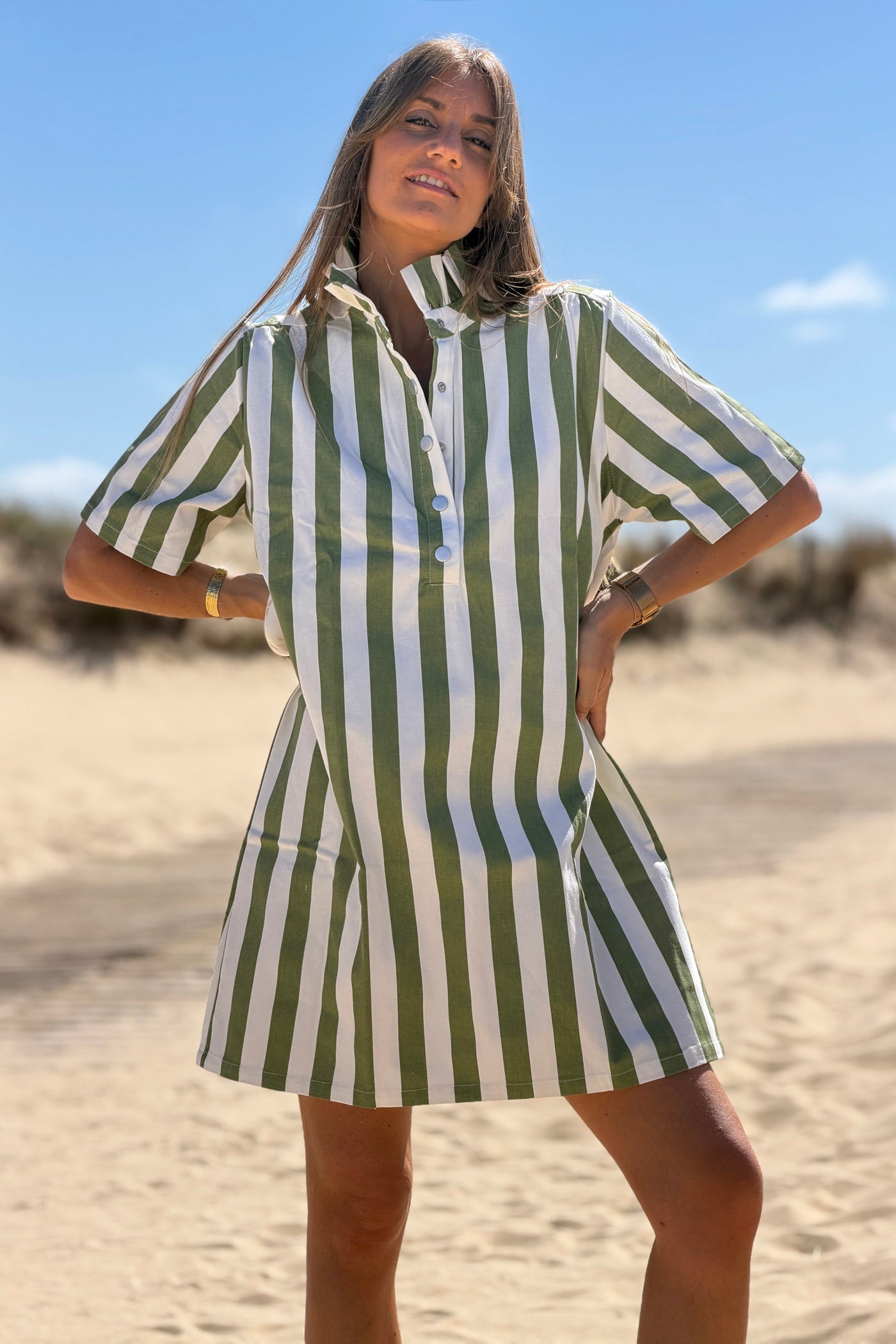 Olive Stripe Ruffle Neck Blouse
