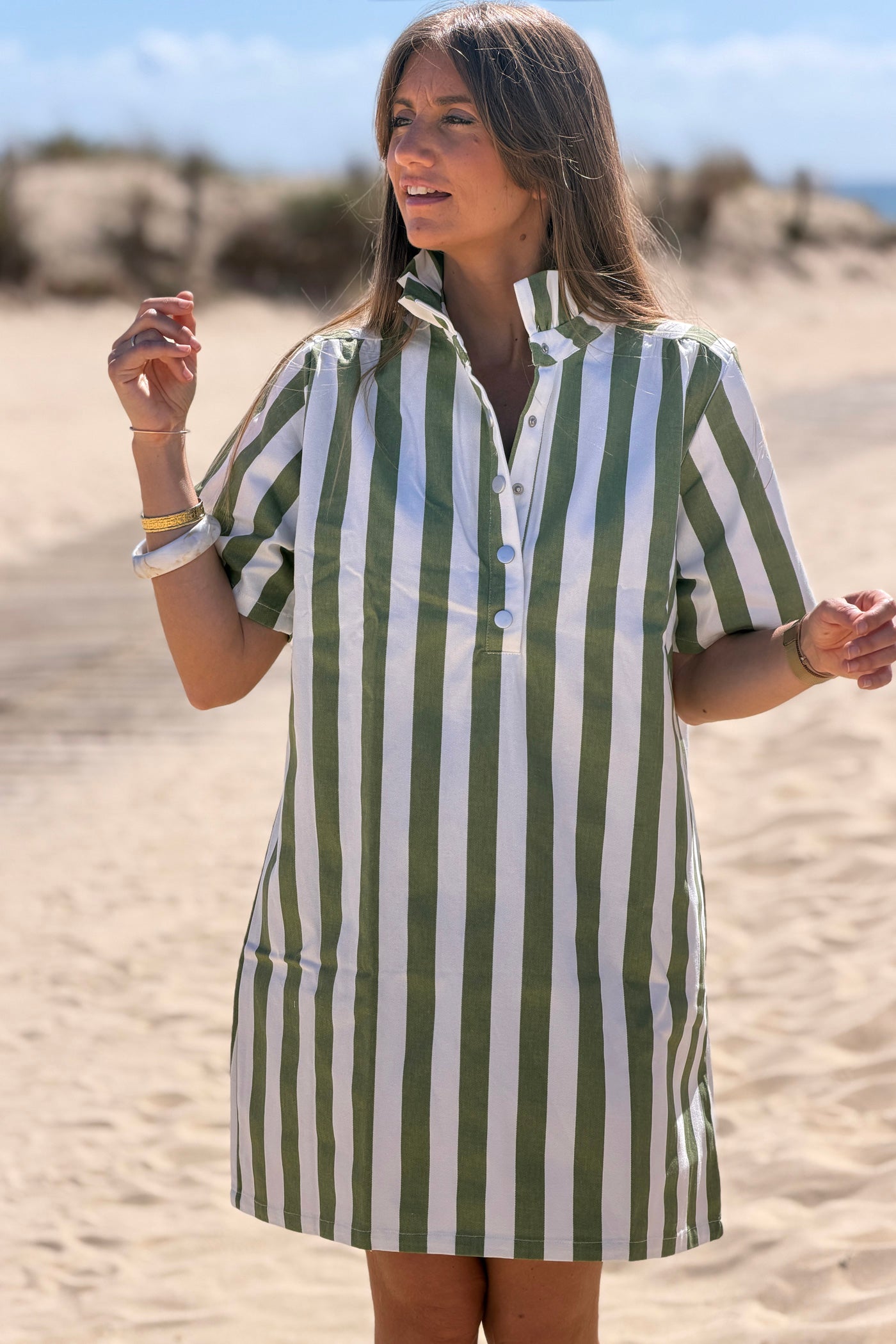 Olive Stripe Ruffle Neck Blouse
