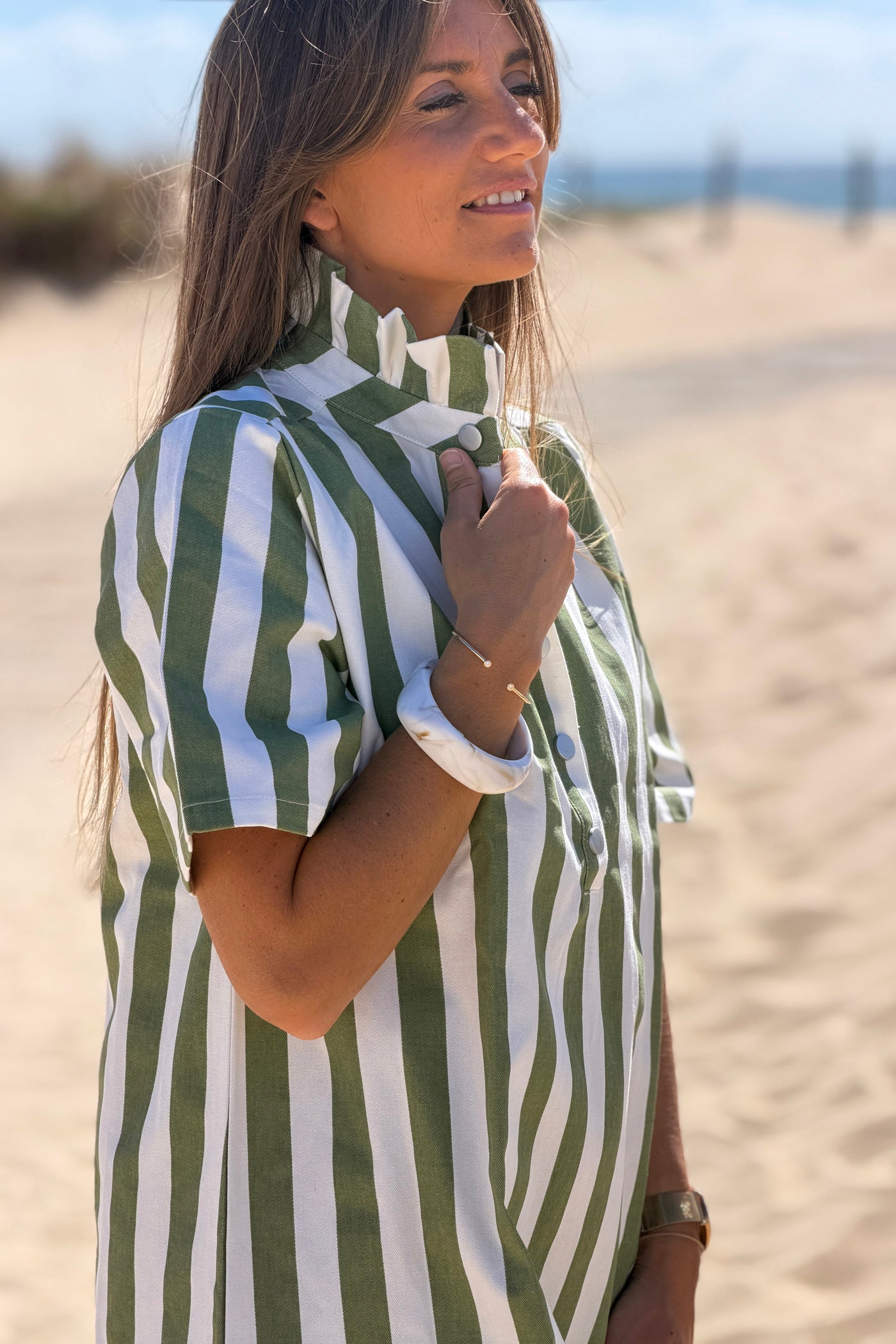 Olive Stripe Ruffle Neck Blouse
