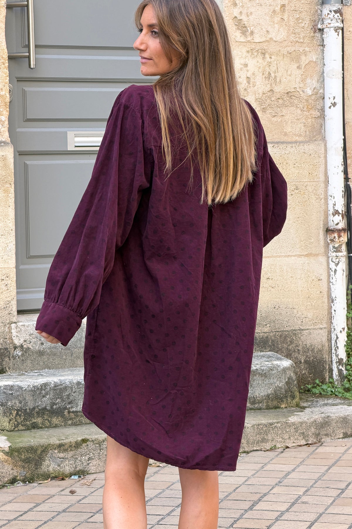 Aubergine Polka Dot Corduroy Dress