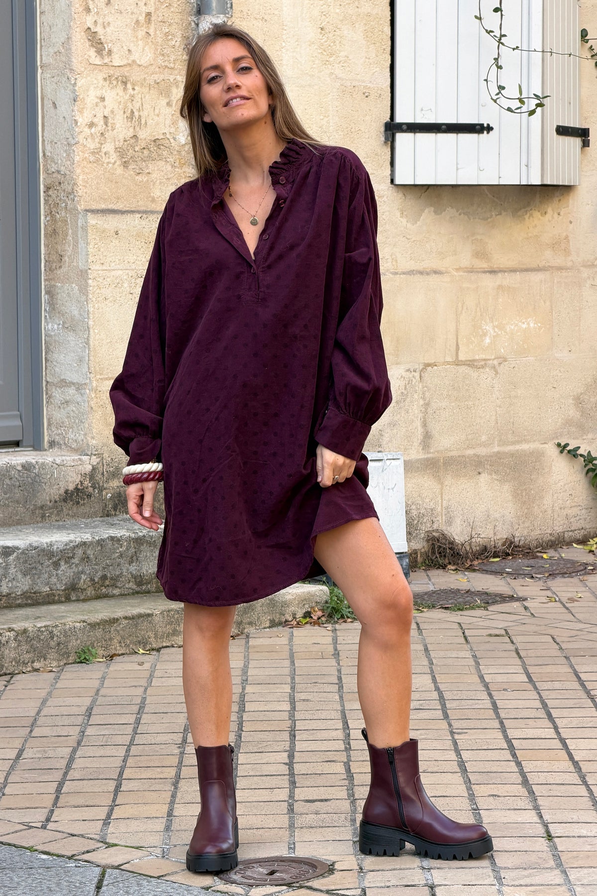 Aubergine Polka Dot Corduroy Dress