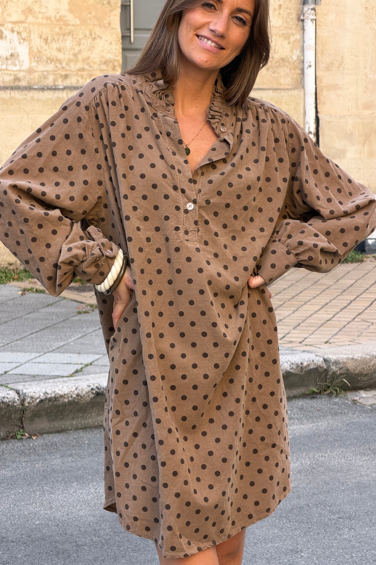 Taupe Polka Dot Corduroy Dress