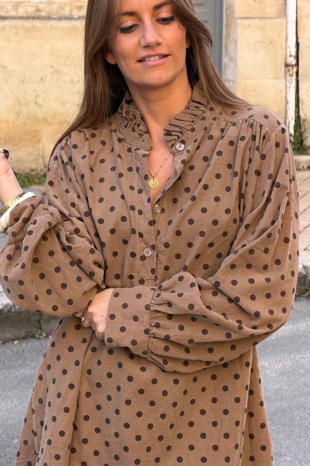 Taupe Polka Dot Corduroy Dress