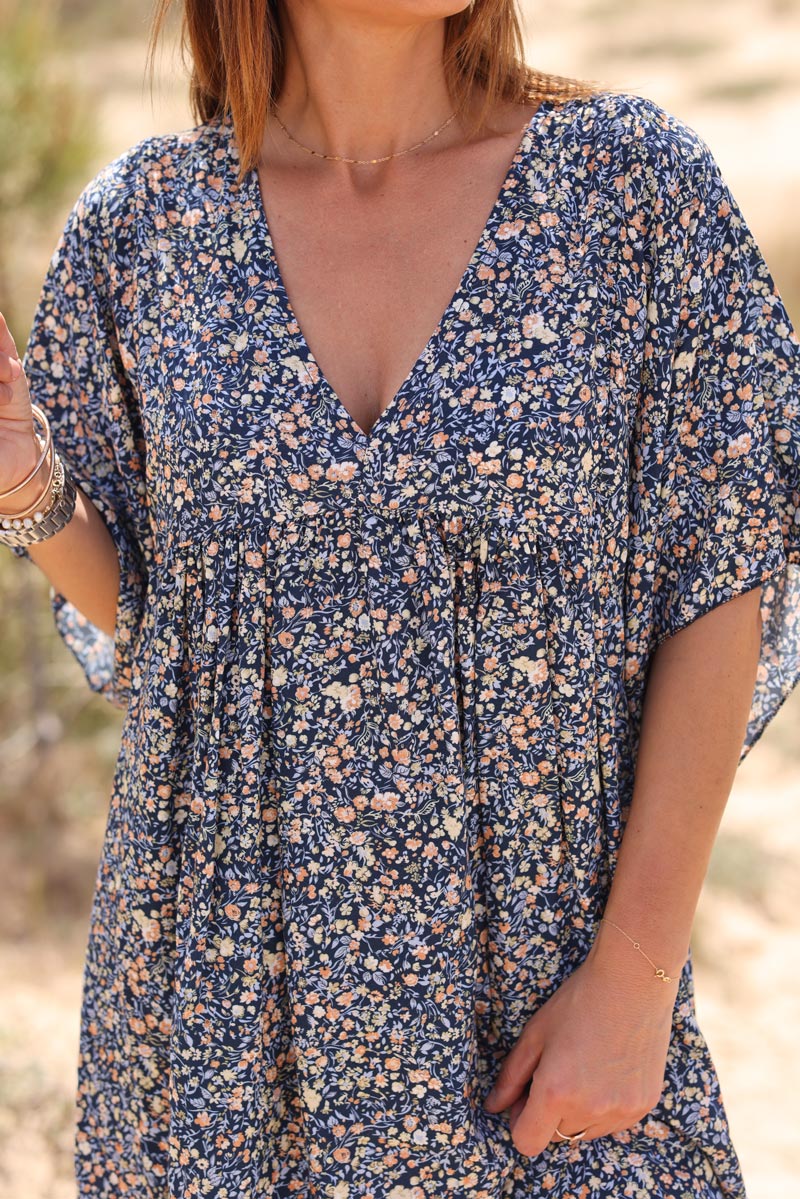 Navy blue liberty print flowing smock dress Jeanne