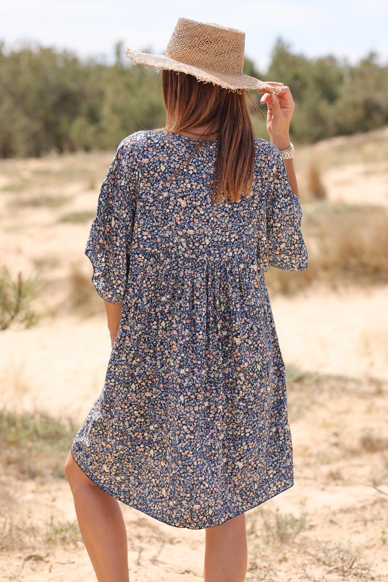 Navy blue liberty print flowing smock dress Jeanne