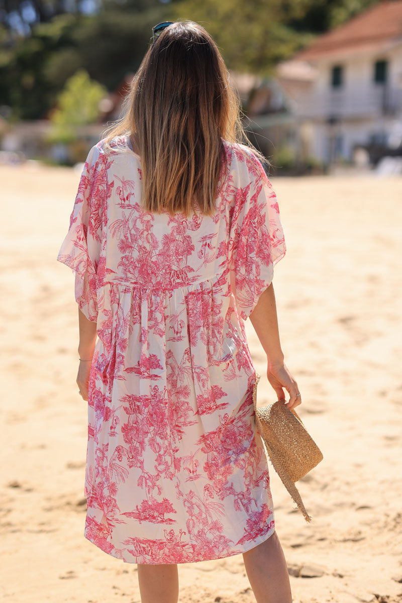 Vestido fluido con estampado toile de jouy fucsia